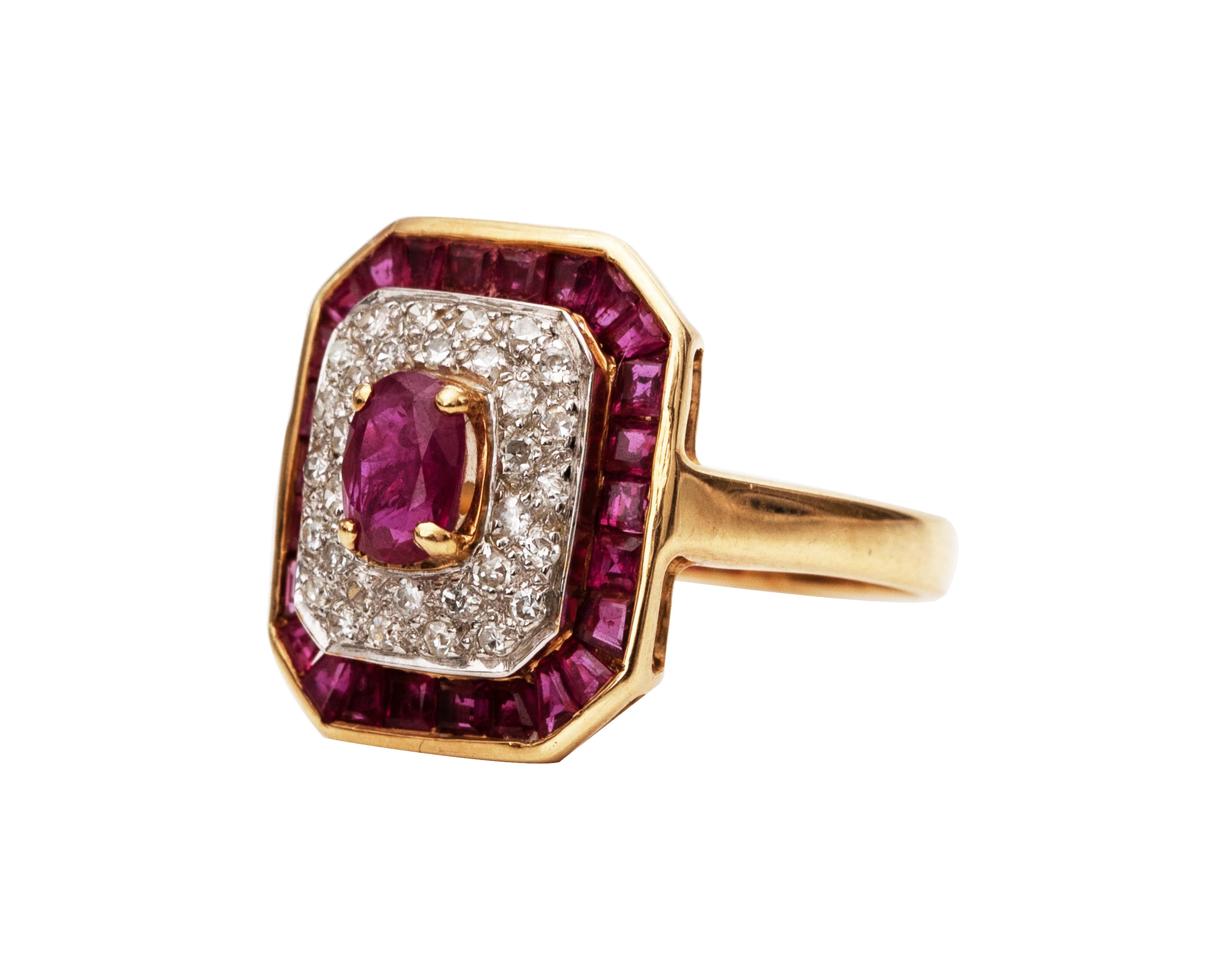 Item Details:
Metal Type: 14 Karat Yellow Gold
Weight: 4 Grams
Size: 6.75 (Resizable)

Diamond Details:
Cut: Round 
Carat: .4 Carat Total Weight
Color: G
Clarity: VS

1 Carat of Rubies
Center Ruby - Oval Cut, Prong-Set
Halo of Rubies - Baguette Cut