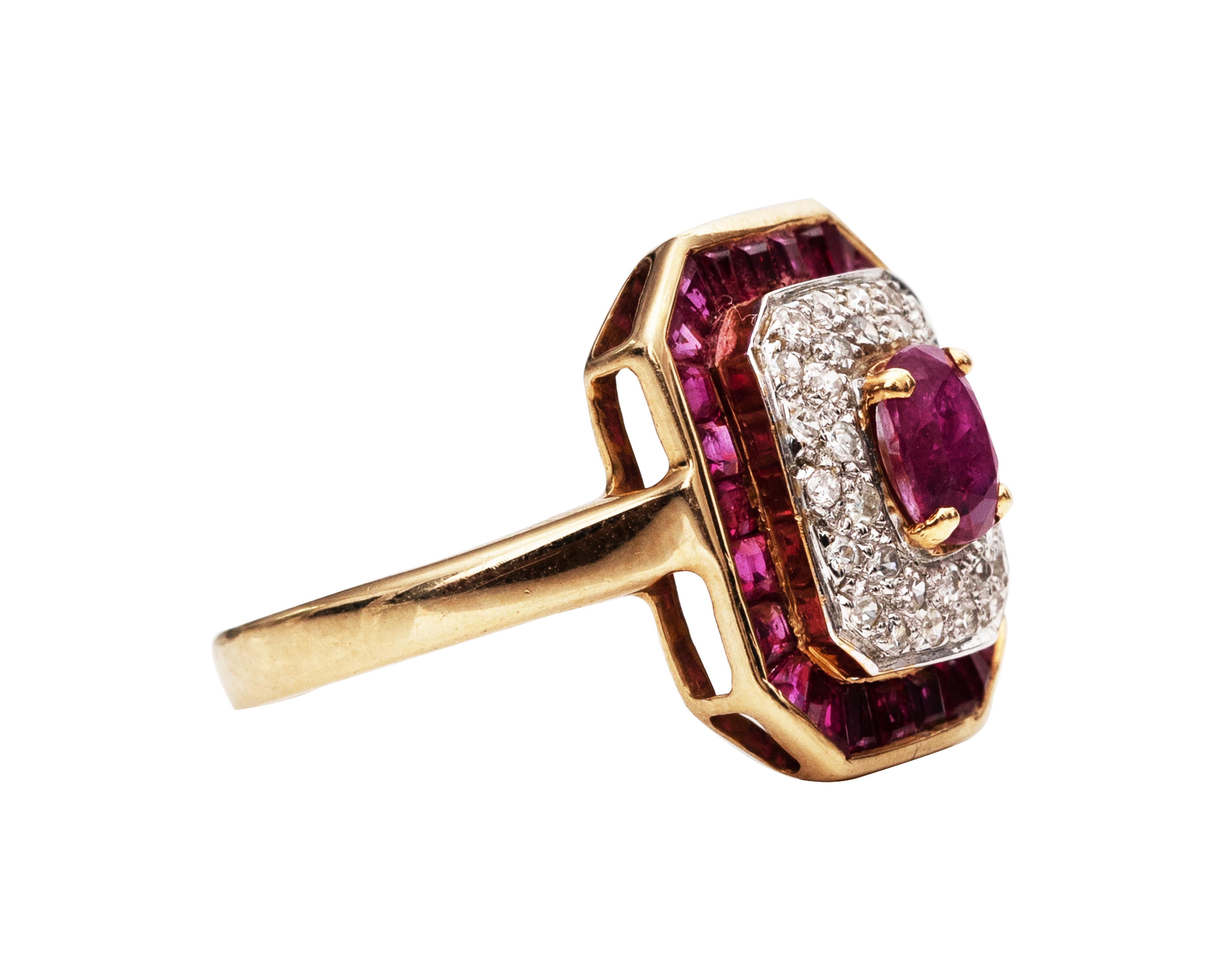 Round Cut 1.4 Carat Total Ruby and Diamond Ring, 14 Karat Gold For Sale