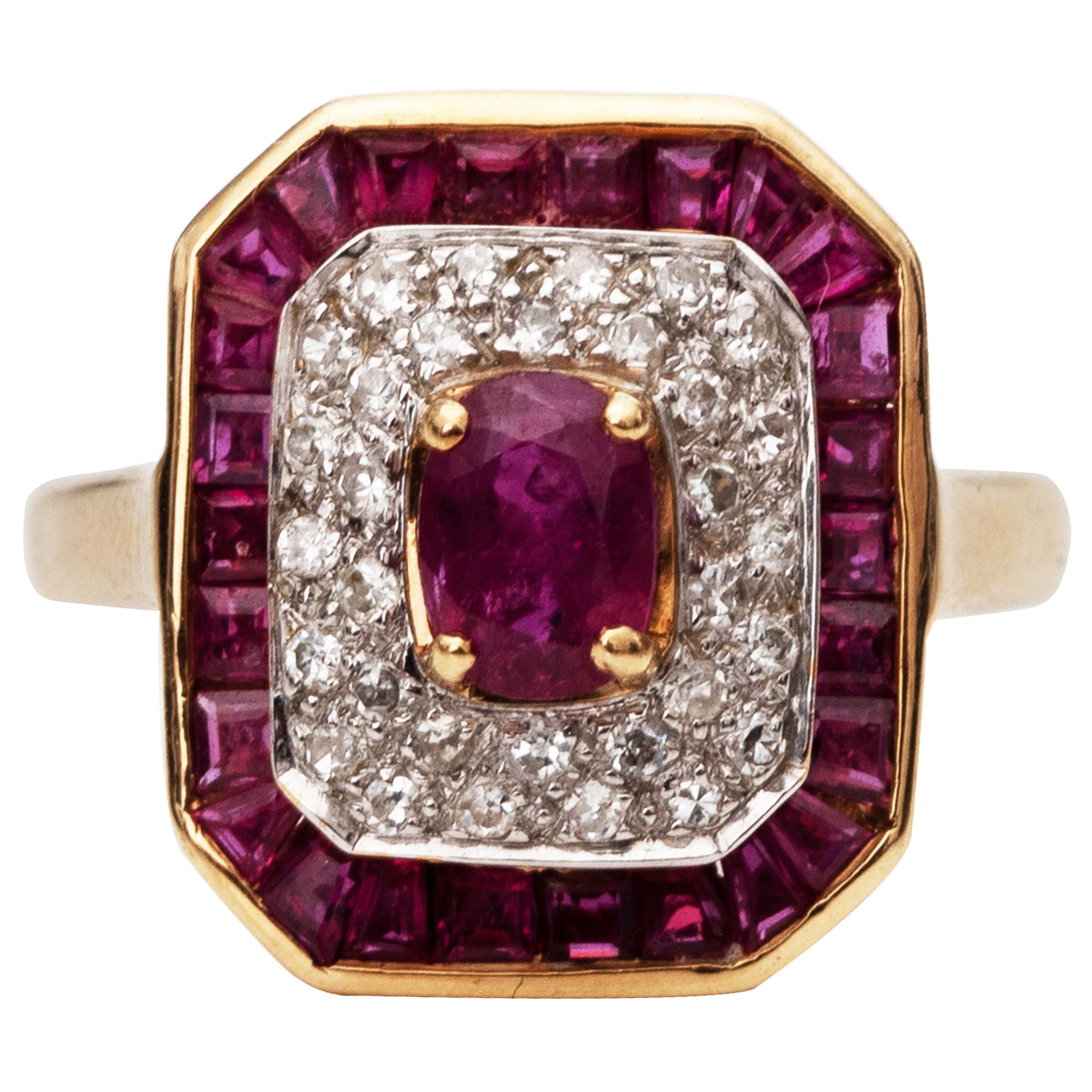 1.4 Carat Total Ruby and Diamond Ring, 14 Karat Gold For Sale