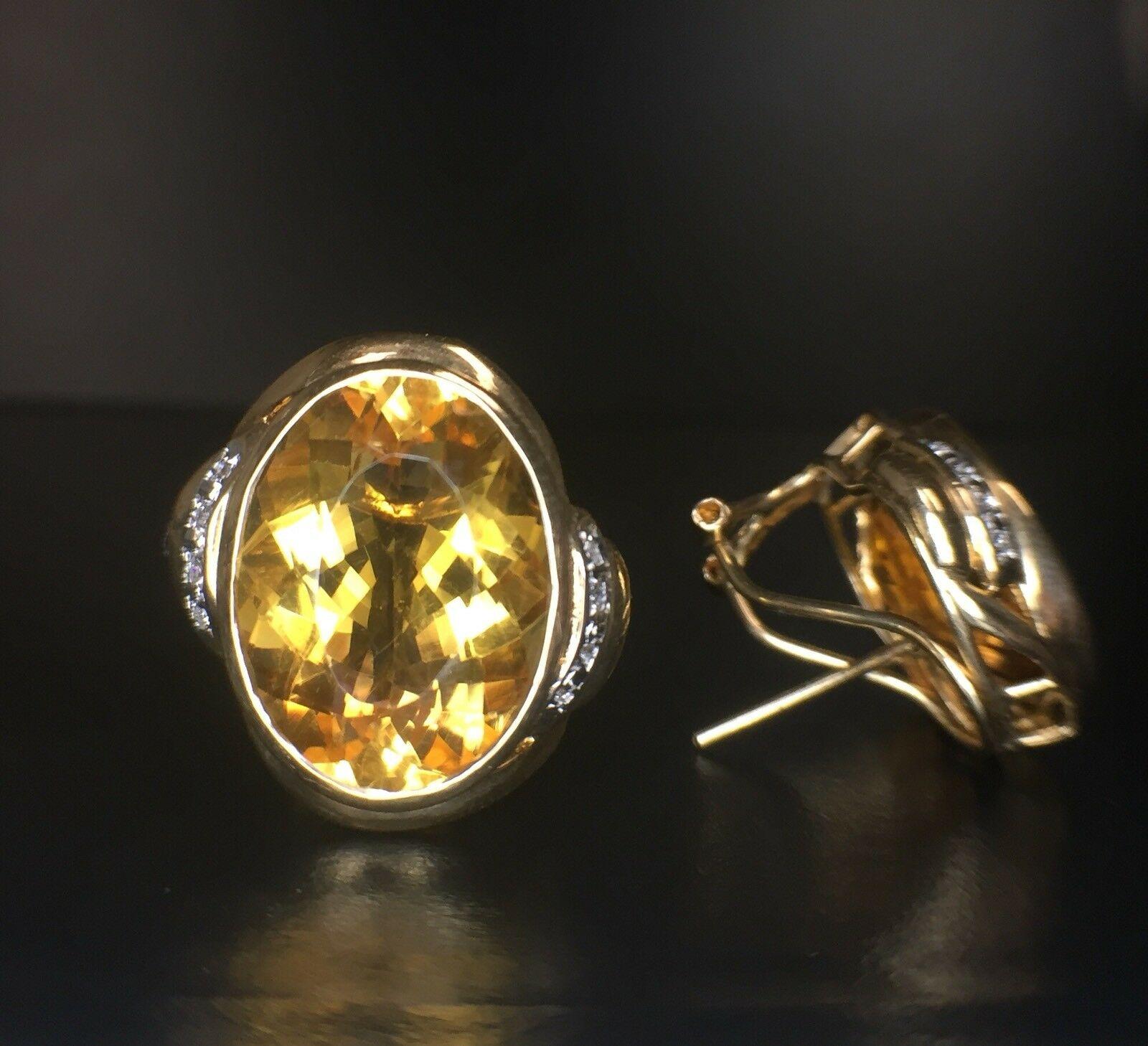 Oval Cut 14 Carat Total Weight Oval Citrine with Diamond Earrings For Sale
