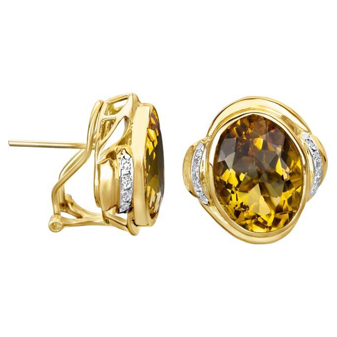 14 Carat Total Weight Oval Citrine with Diamond Earrings For Sale