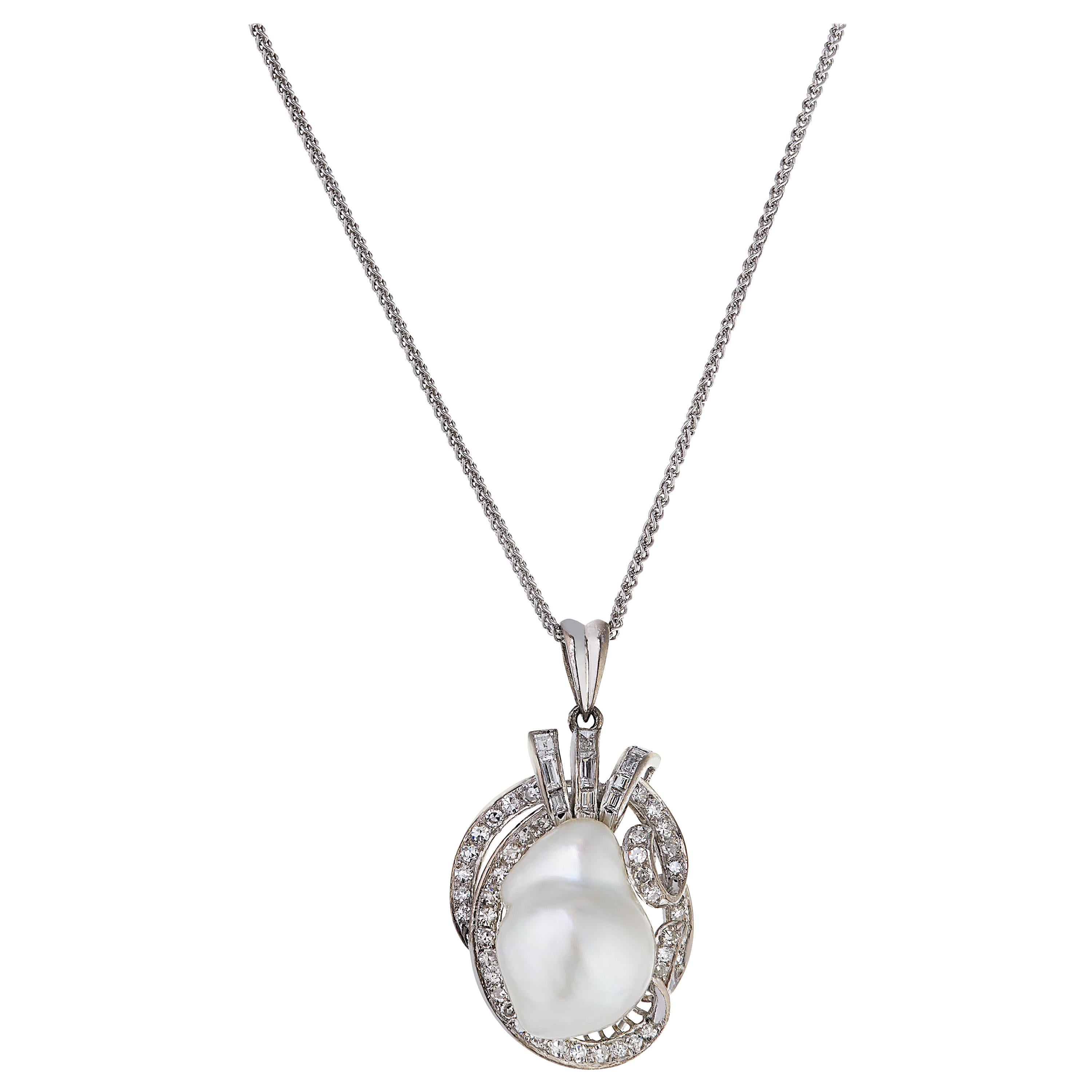 14 Carat White Gold Baroque Pearl and Diamond Pendant For Sale