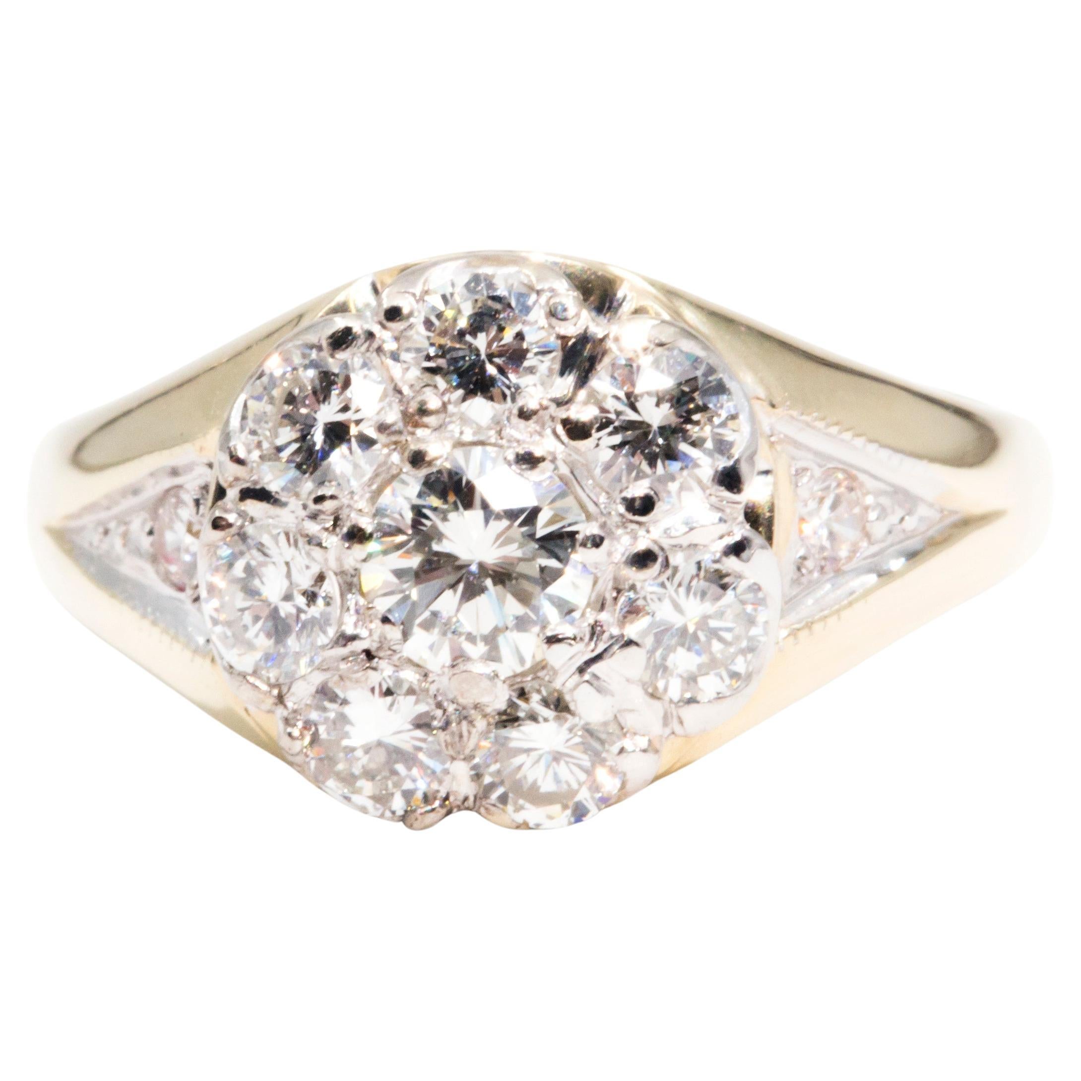 14 Karat Gelb- und Weißgold 1,00 Karat runder Brillant-Diamant-Cluster-Ring