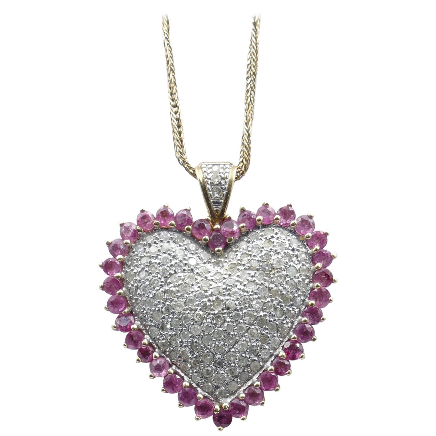 14 Carat Yellow and White Gold Ruby and Diamond Heart Pendant For Sale