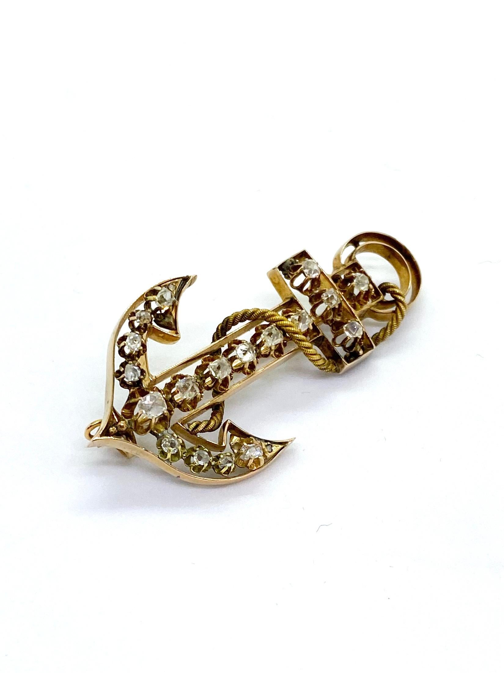 14 Carat Yellow Gold 18 Diamonds Saint Petersburg Russia Anchor Brooch For Sale 1