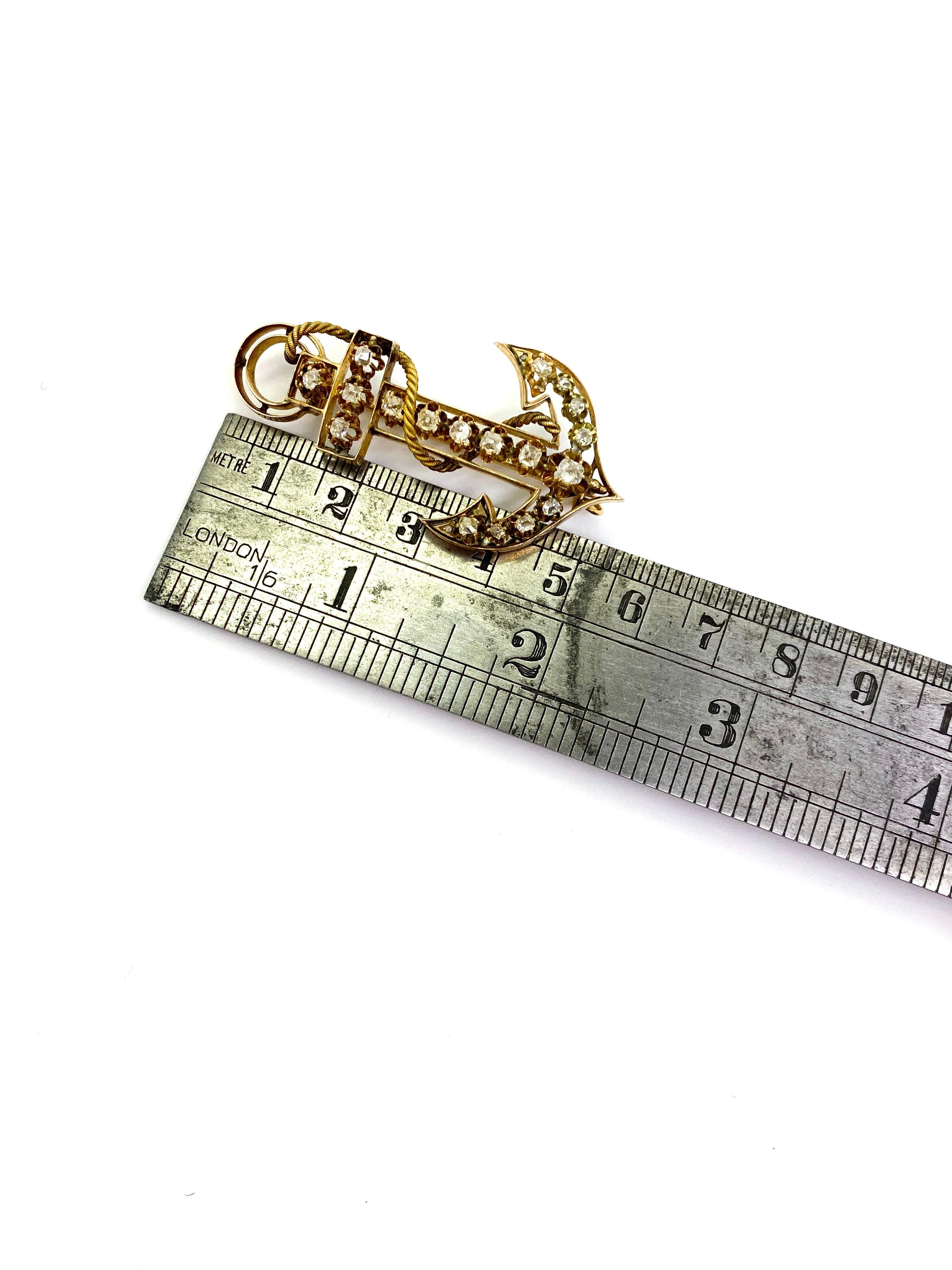 14 Carat Yellow Gold 18 Diamonds Saint Petersburg Russia Anchor Brooch For Sale 2