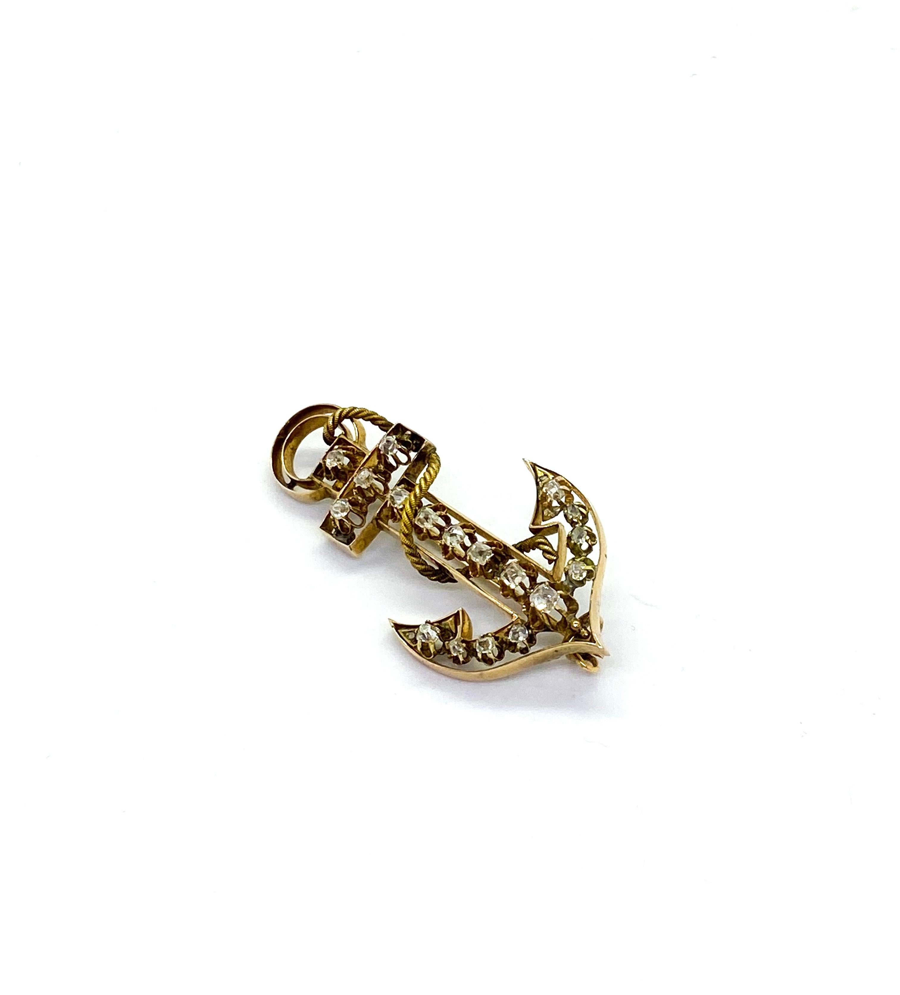14 Carat Yellow Gold 18 Diamonds Saint Petersburg Russia Anchor Brooch
14k gold, Russian gold stamp 56 and CS Saint Petersburg
Width 2.6cm, Lenght 5.2cm, Depth 1.8cm
This Jewelry has been on exhibition Design Museum 2009-2010 Finnish Jewel,