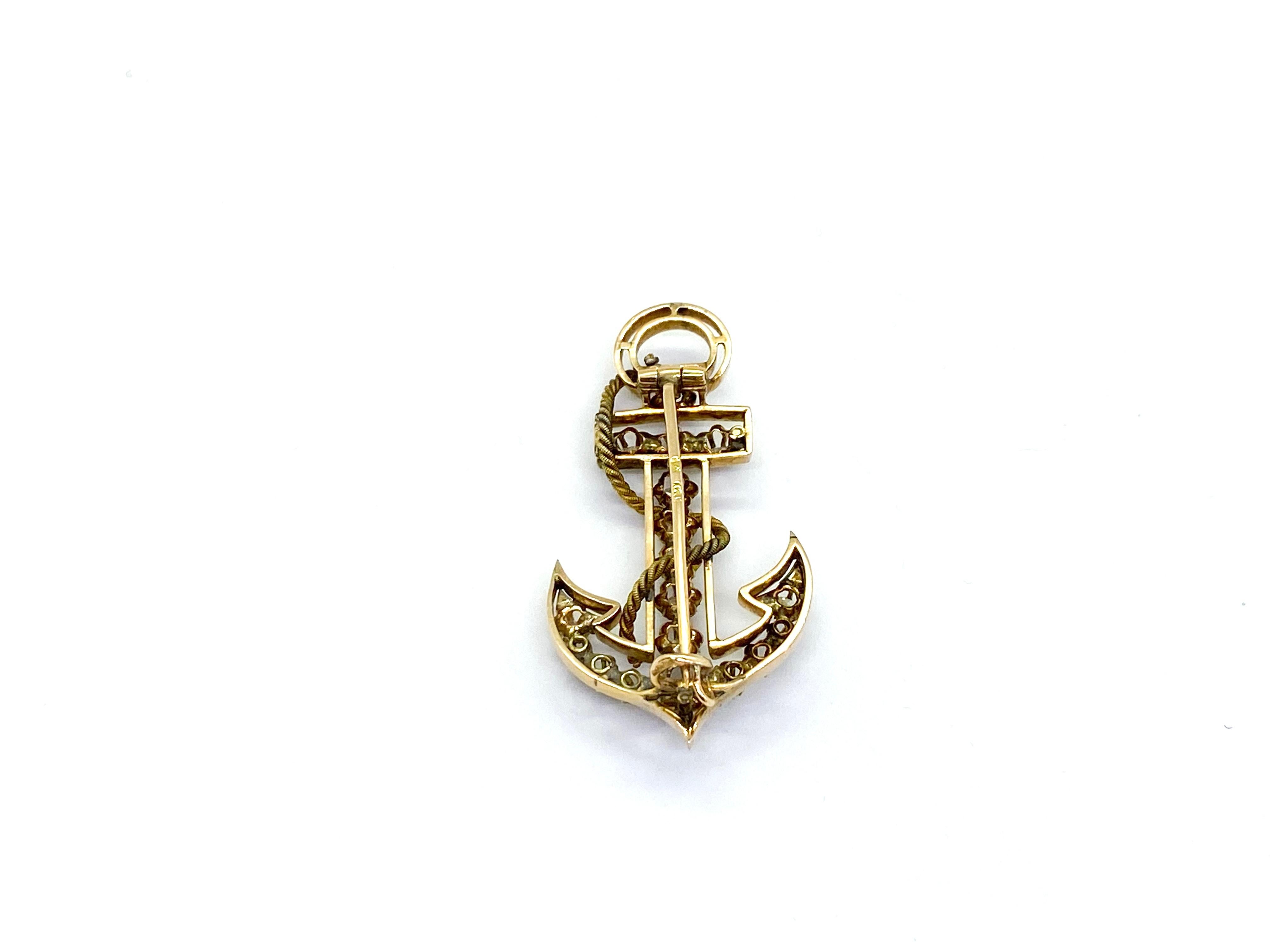Russian Empire 14 Carat Yellow Gold 18 Diamonds Saint Petersburg Russia Anchor Brooch For Sale