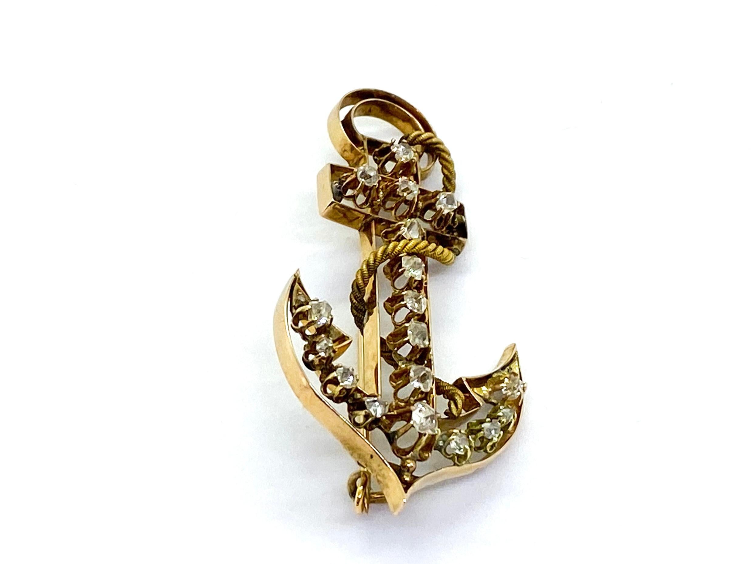 Old Mine Cut 14 Carat Yellow Gold 18 Diamonds Saint Petersburg Russia Anchor Brooch For Sale