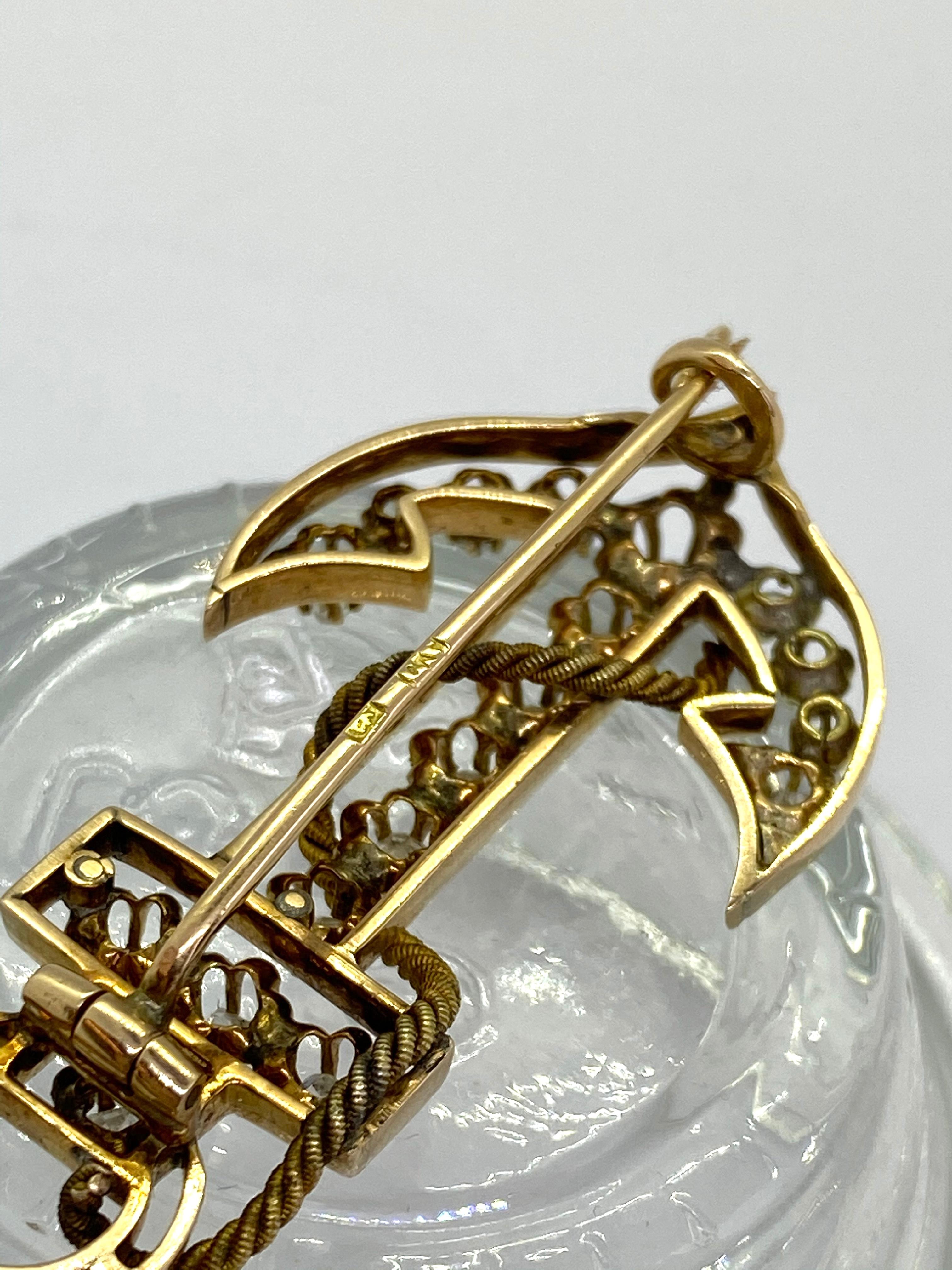 14 Carat Yellow Gold 18 Diamonds Saint Petersburg Russia Anchor Brooch In Good Condition For Sale In Orimattila, FI