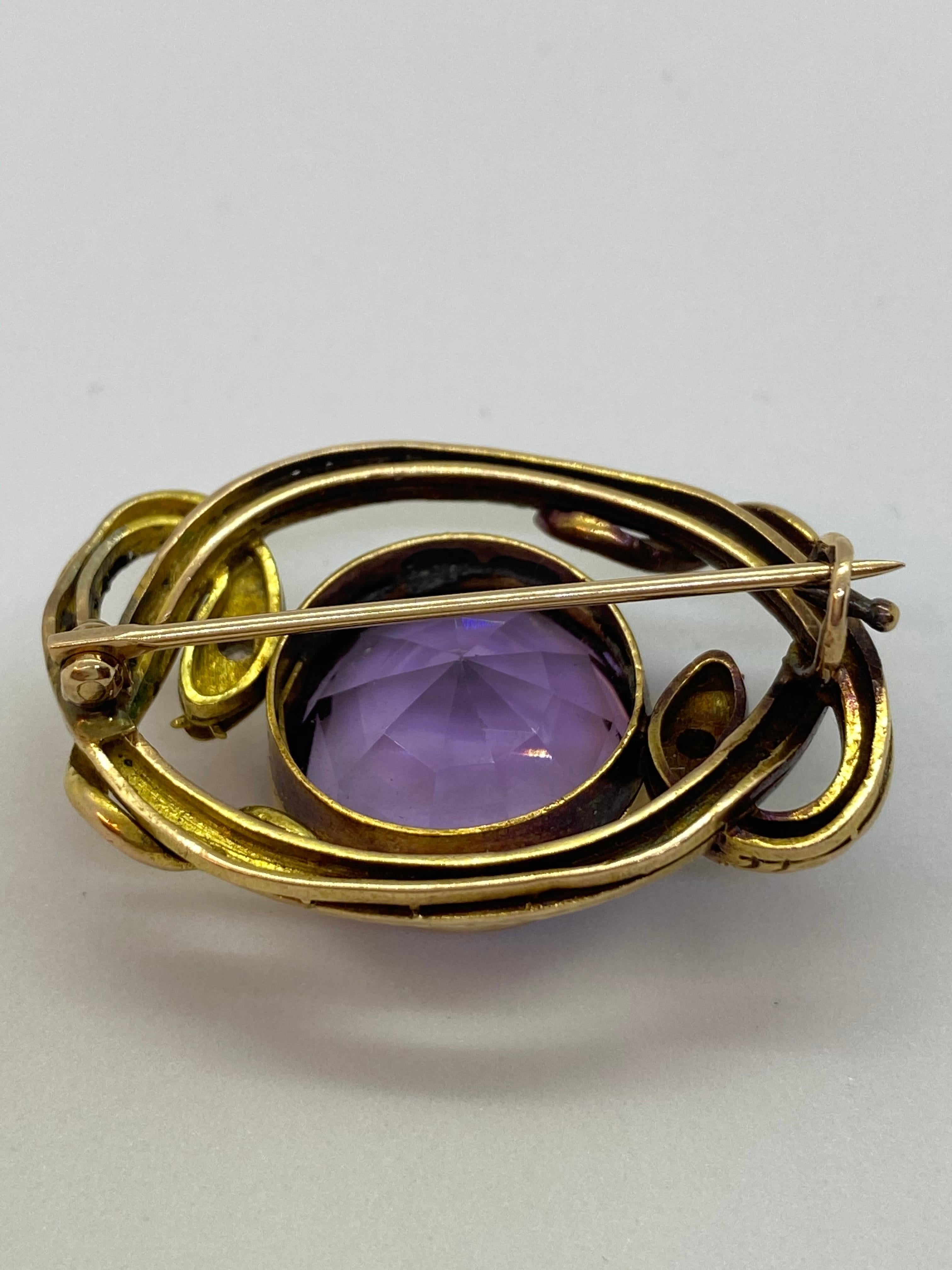 14 Carat Yellow Gold  Amethyst Diamond Russia Snake Brooch
14k gold, Saint Petersburg gold stamp 56
Amethyst, two small diamonds
Made in Russia before 1917