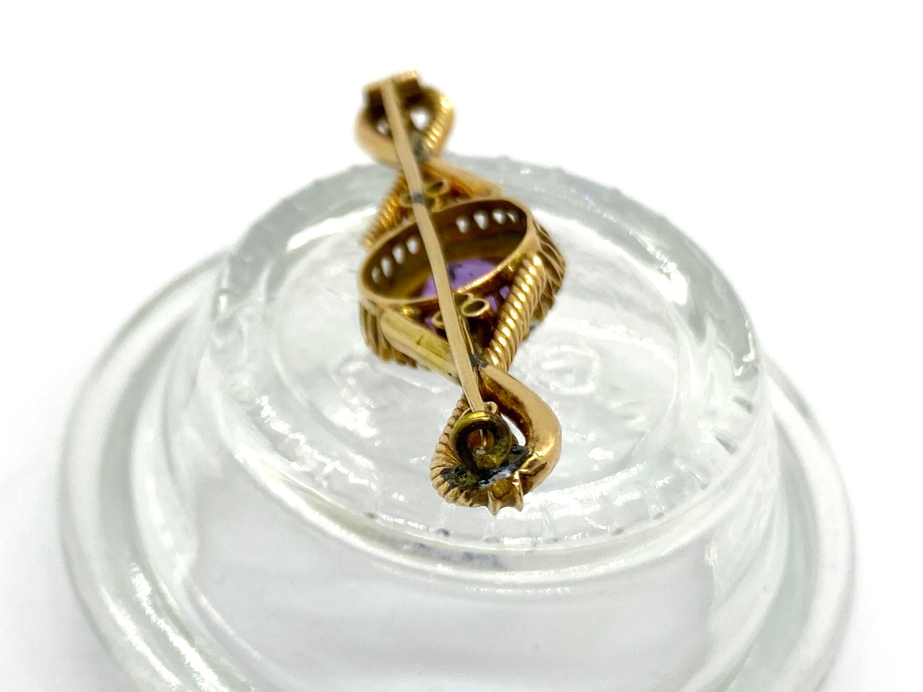 14 Carat Yellow Gold Amethyst Pearls Russia Brooch For Sale 4