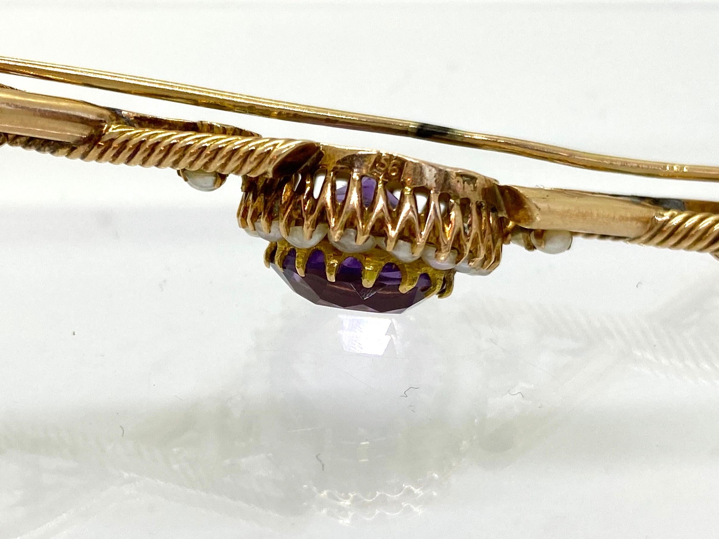 14 Carat Yellow Gold Amethyst Pearls Russia Brooch For Sale 5