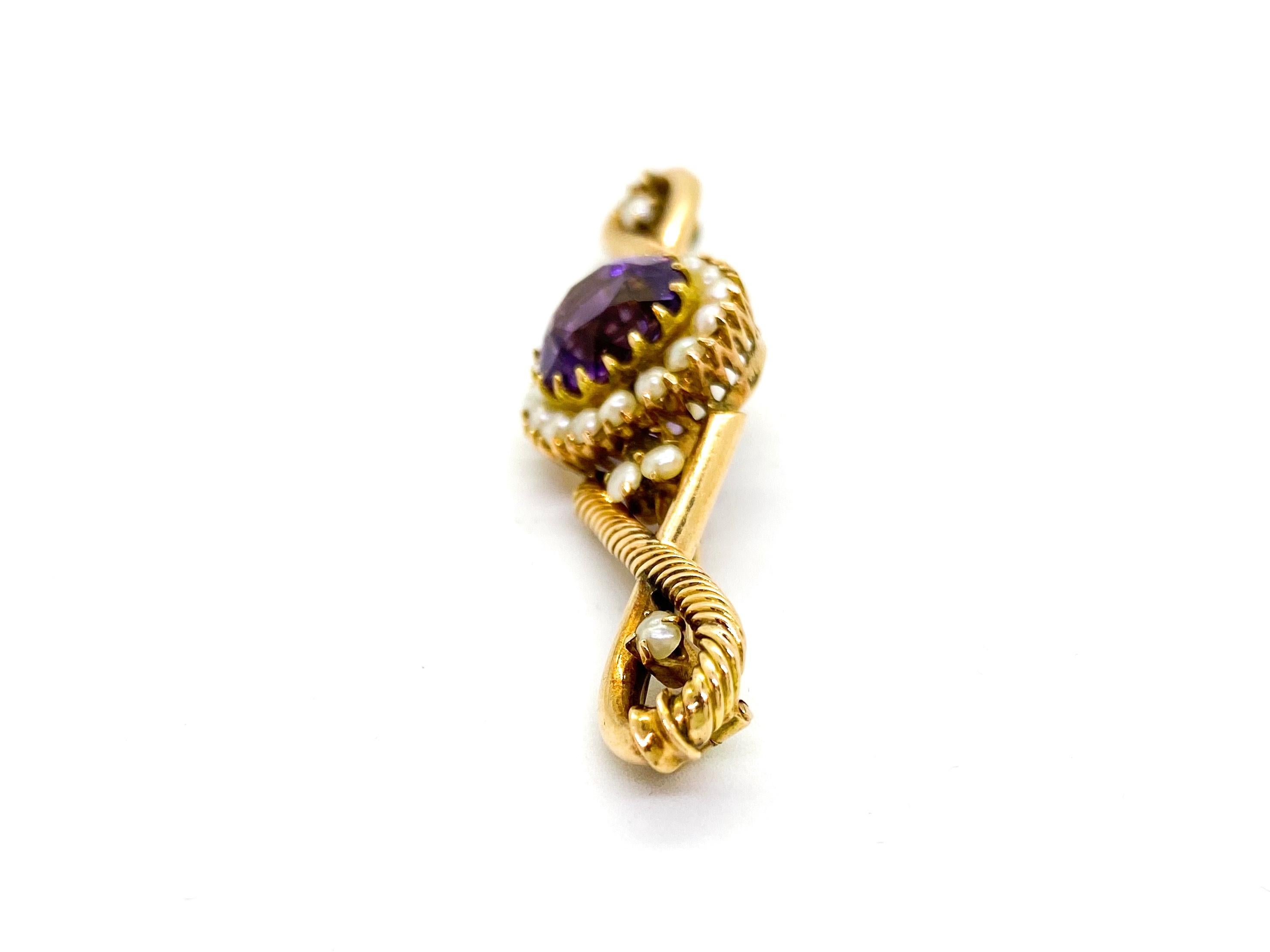 Russian Empire 14 Carat Yellow Gold Amethyst Pearls Russia Brooch For Sale