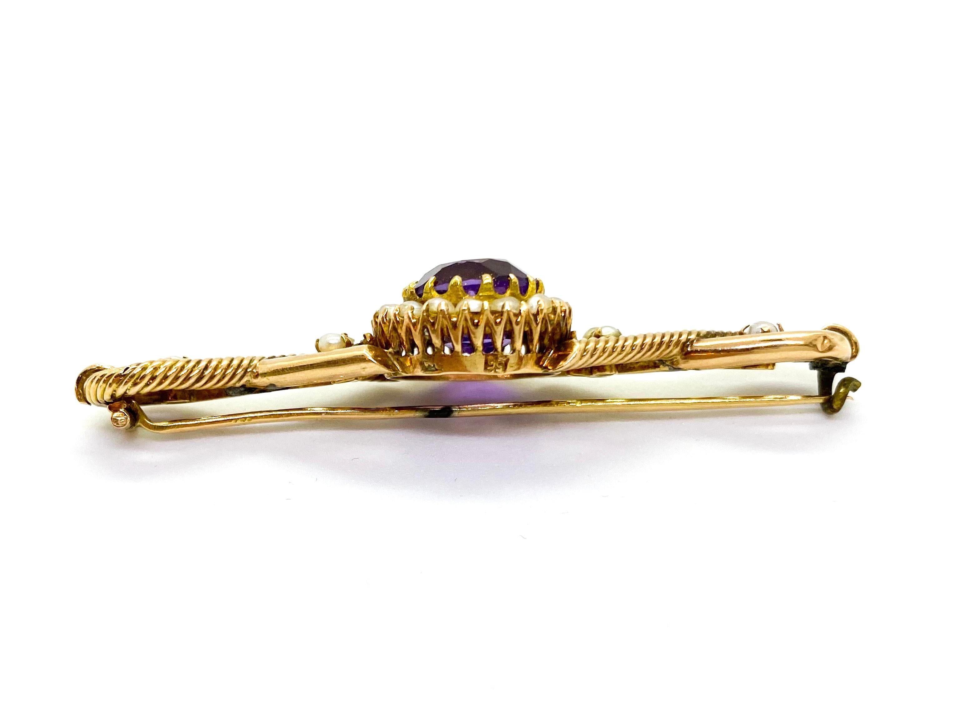 Round Cut 14 Carat Yellow Gold Amethyst Pearls Russia Brooch For Sale