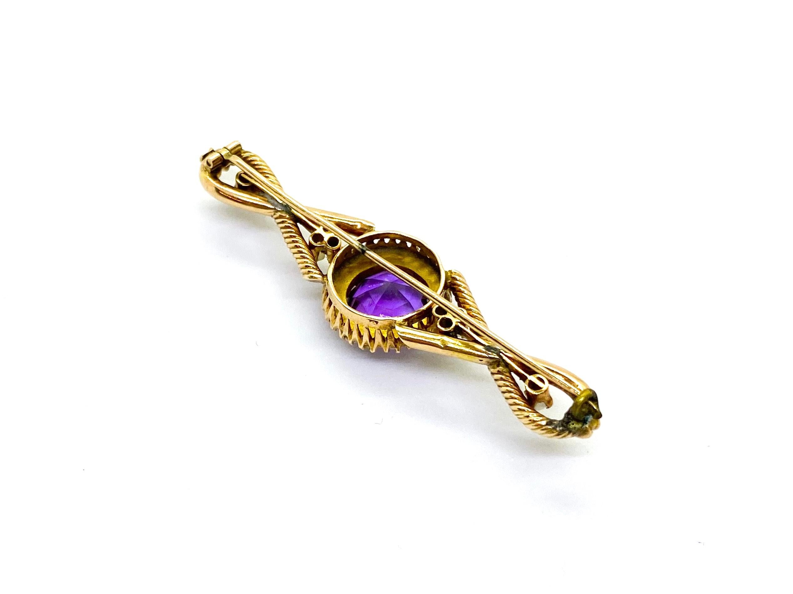 Women's or Men's 14 Carat Yellow Gold Amethyst Pearls Russia Brooch For Sale