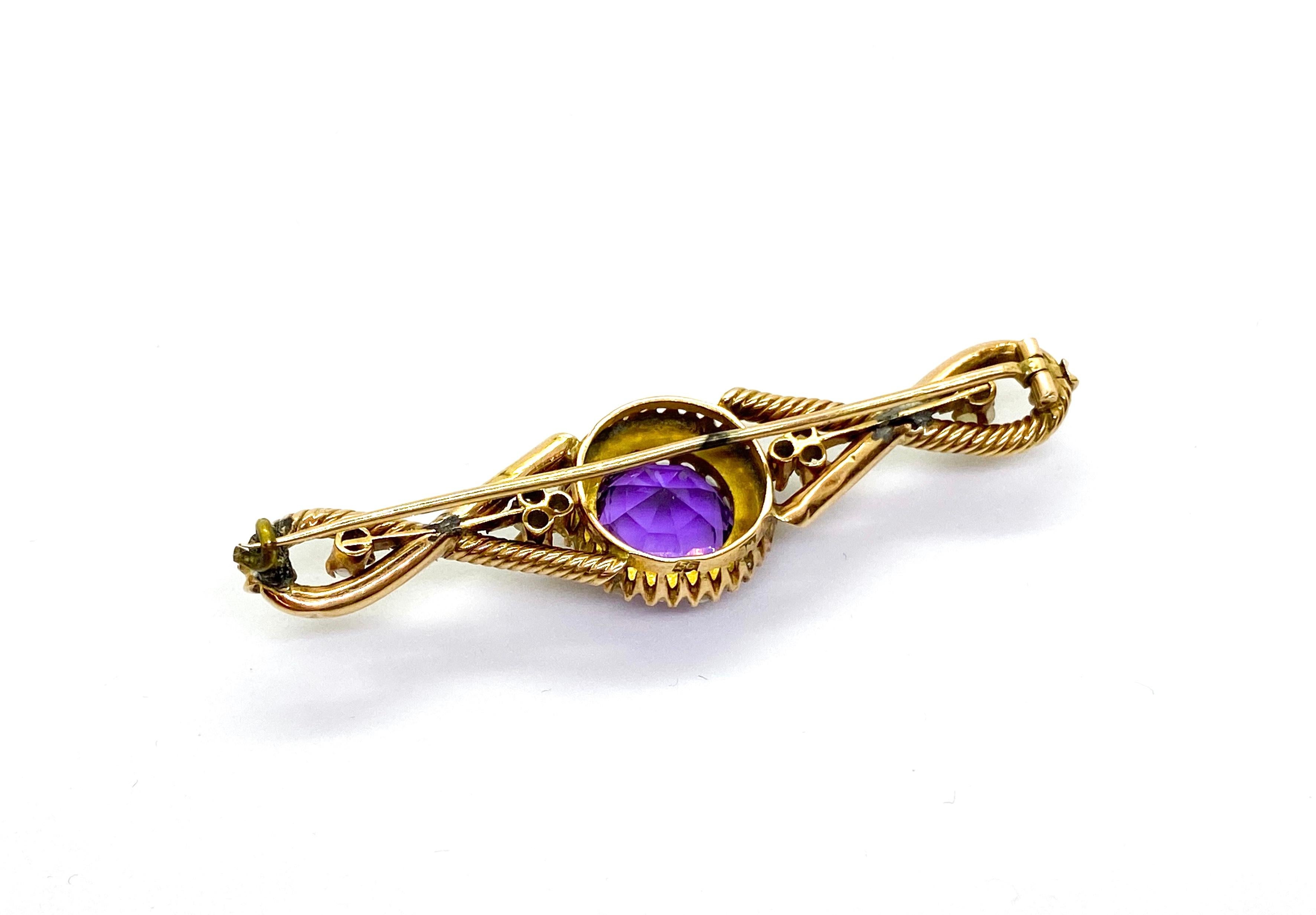 14 Carat Yellow Gold Amethyst Pearls Russia Brooch For Sale 1