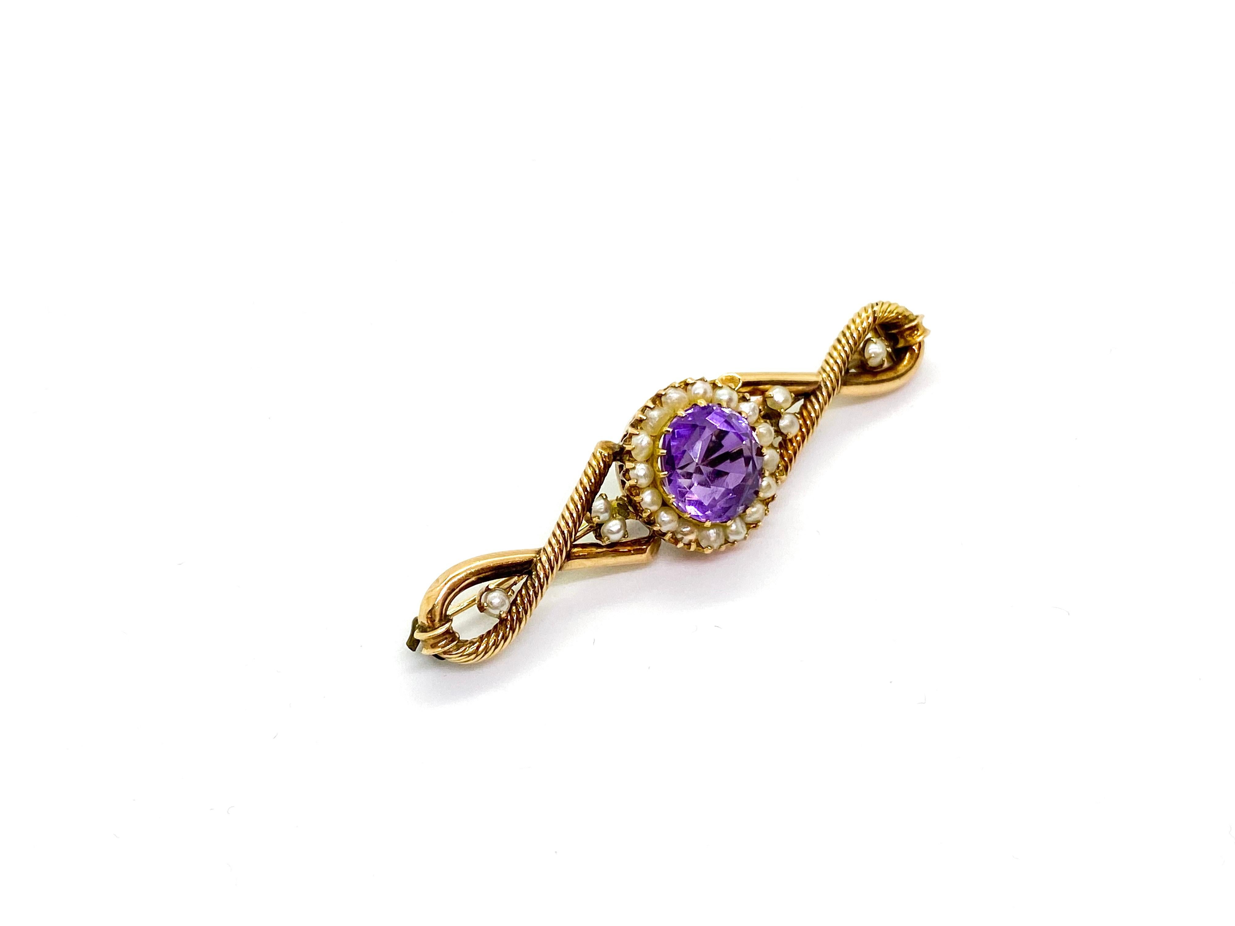 14 Carat Yellow Gold Amethyst Pearls Russia Brooch For Sale 2