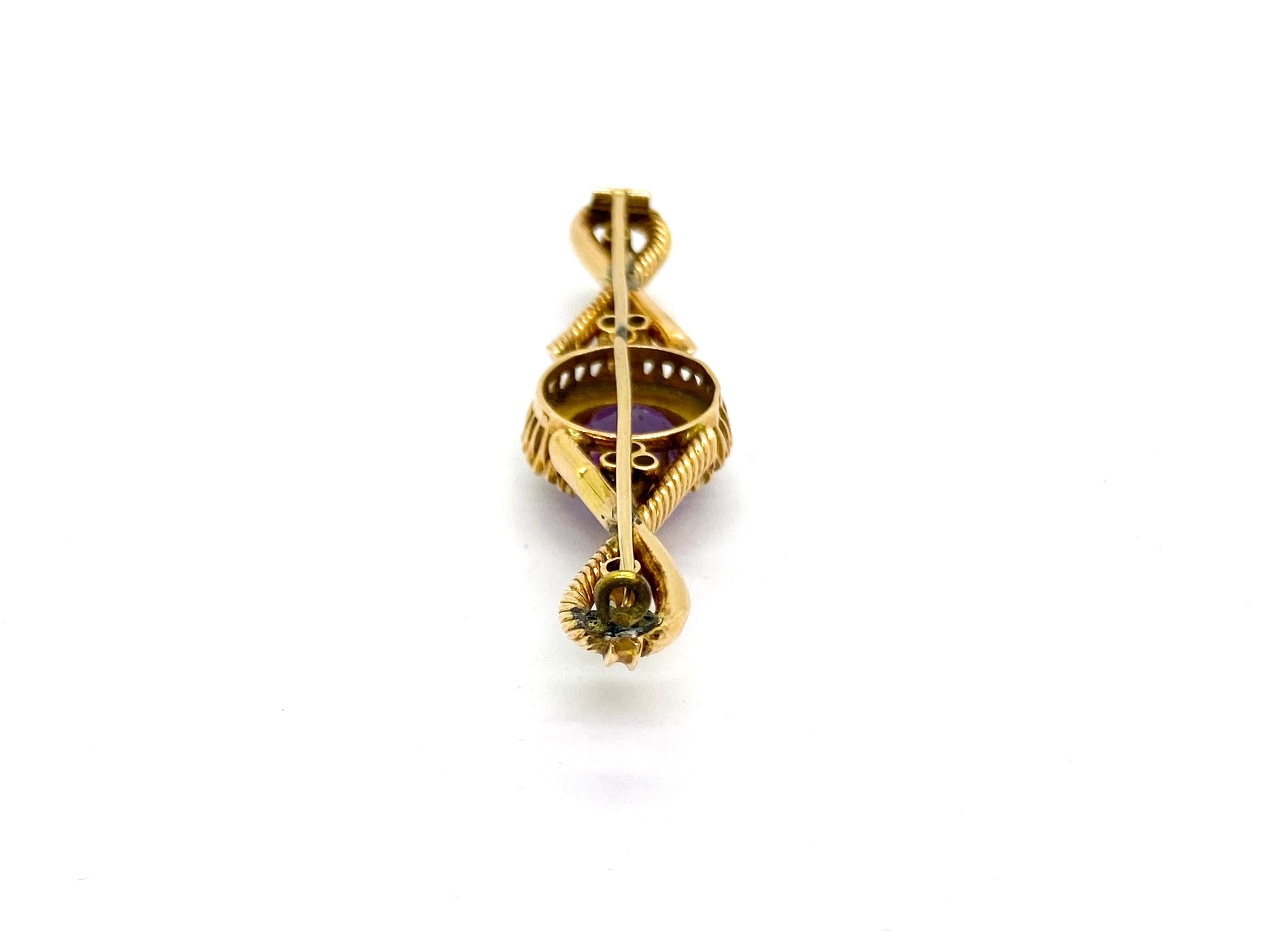 14 Carat Yellow Gold Amethyst Pearls Russia Brooch For Sale 3