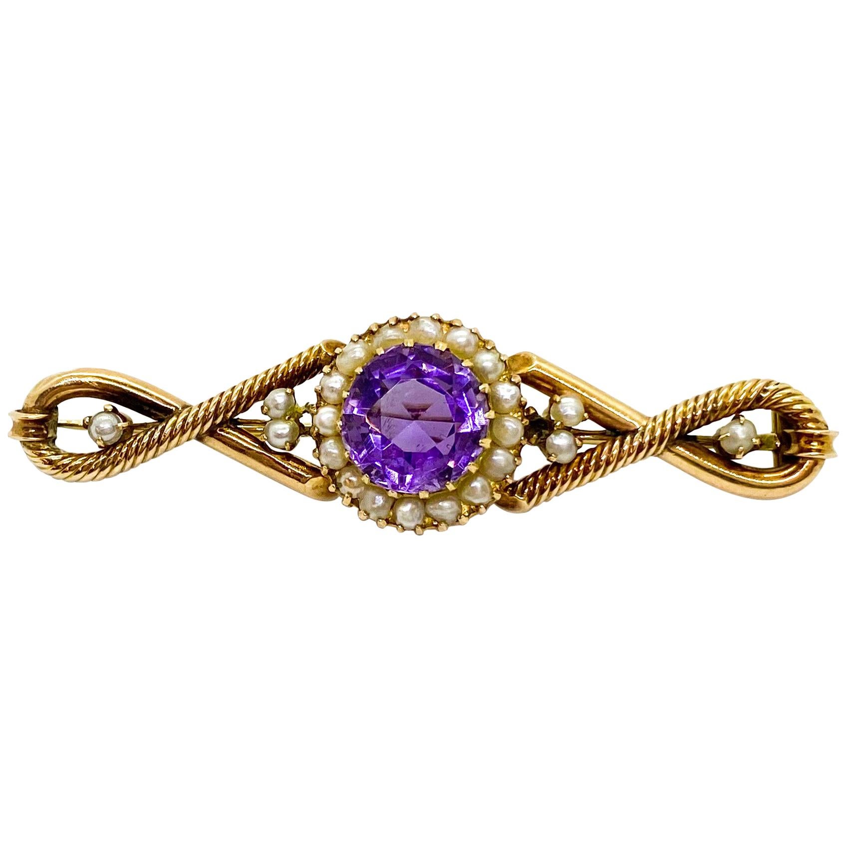 14 Carat Yellow Gold Amethyst Pearls Russia Brooch For Sale