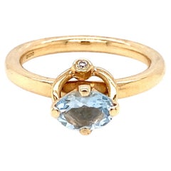 14 Carat Yellow Gold Aquamarine and Diamond Stacking Ring