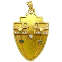 14 Carat Yellow Gold Art Deco Moscow Diamonds Green Stone Locket