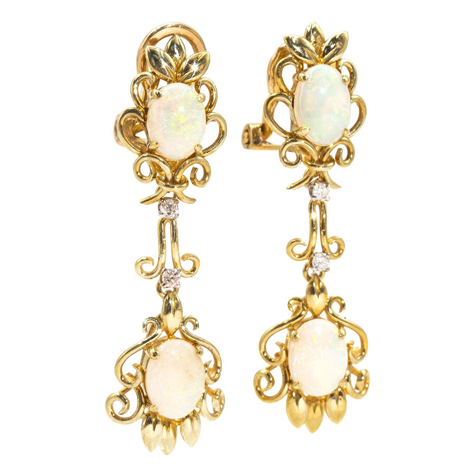 Diamond Opal 18 Carat Yellow Gold ClipOn Earrings For Sale at 1stDibs