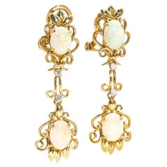 14 Carat Yellow Gold Australian Solid Crystal Opal Drop Clip on Earrings