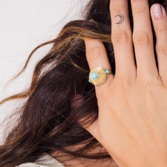 14 Carat Yellow Gold Circa 1970s Turquoise Vintage Braided Cone Cocktail Ring