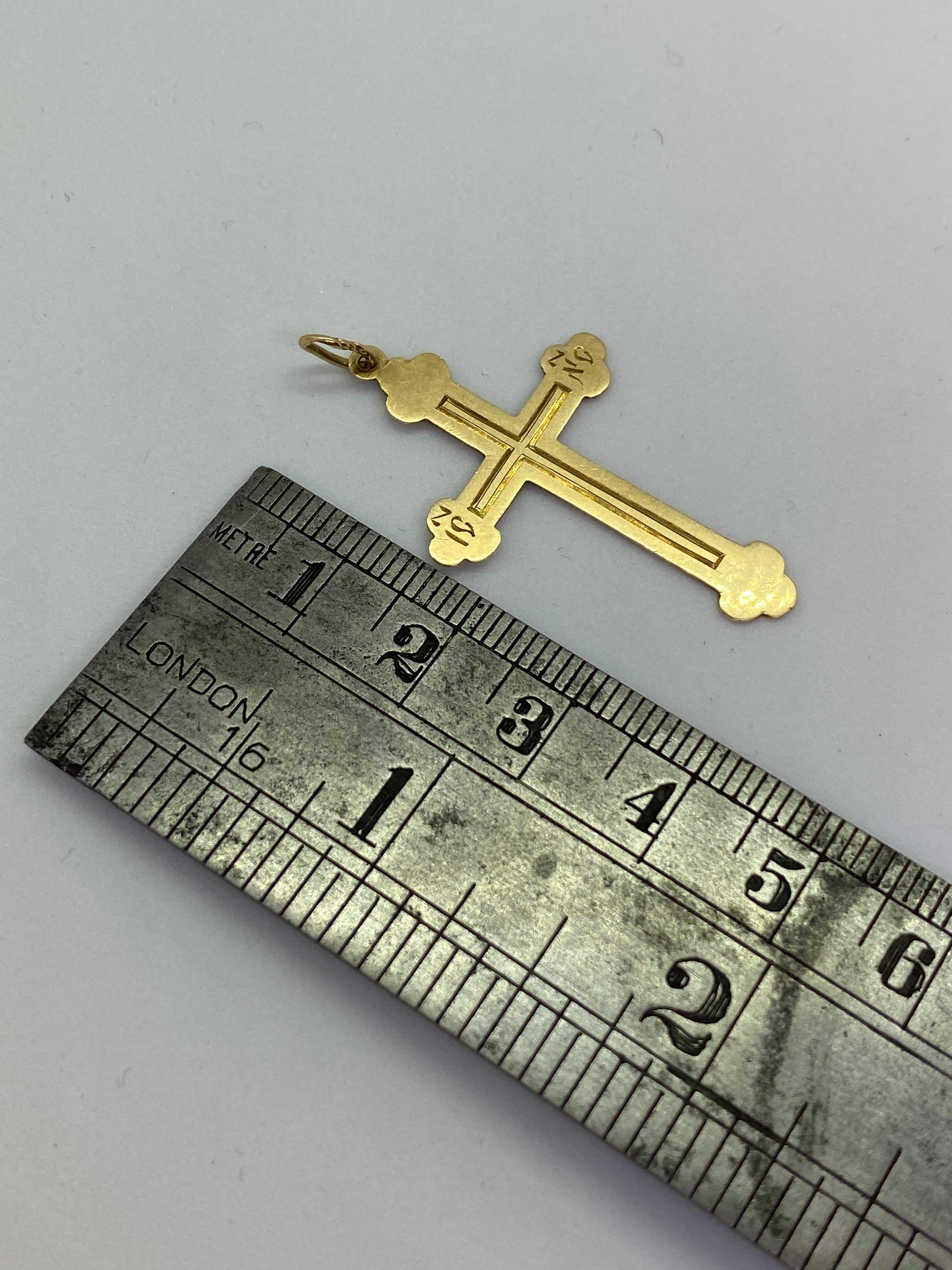 14 Carat Yellow Gold Cross Russia and Estonia Pendant necklaces
Russian gold stamp 56
Two pendants
1867 - Bigger one sizes Width 2.7cm, Length 4.4cm,  Depth 0,1cm
Smaller one sizes Width 2.3cm, Length 3.9cm, 0.05cm