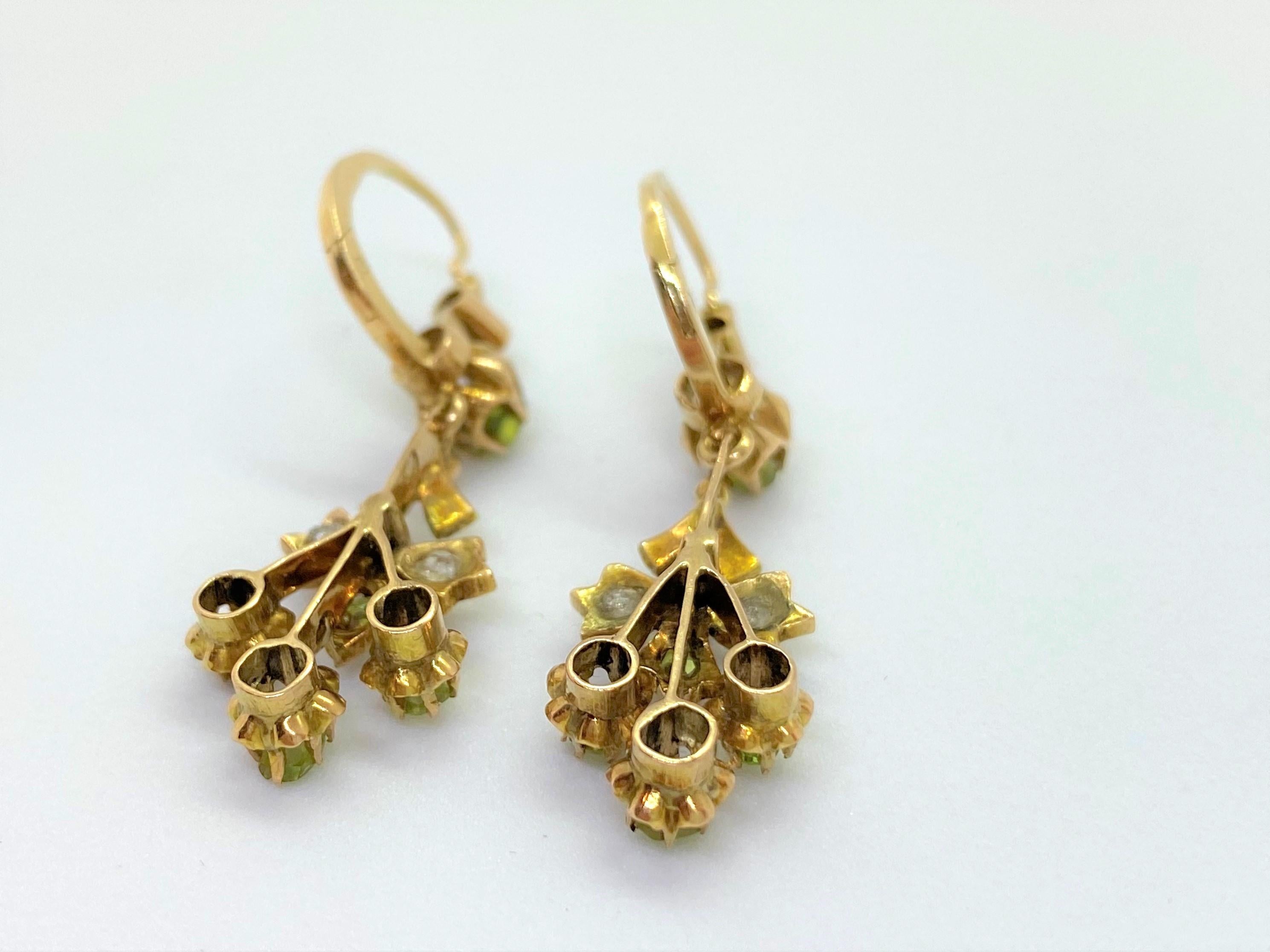 Rose Cut 14 Karat Yellow Gold Demantoid Garnet Rosecut Diamond Earrings