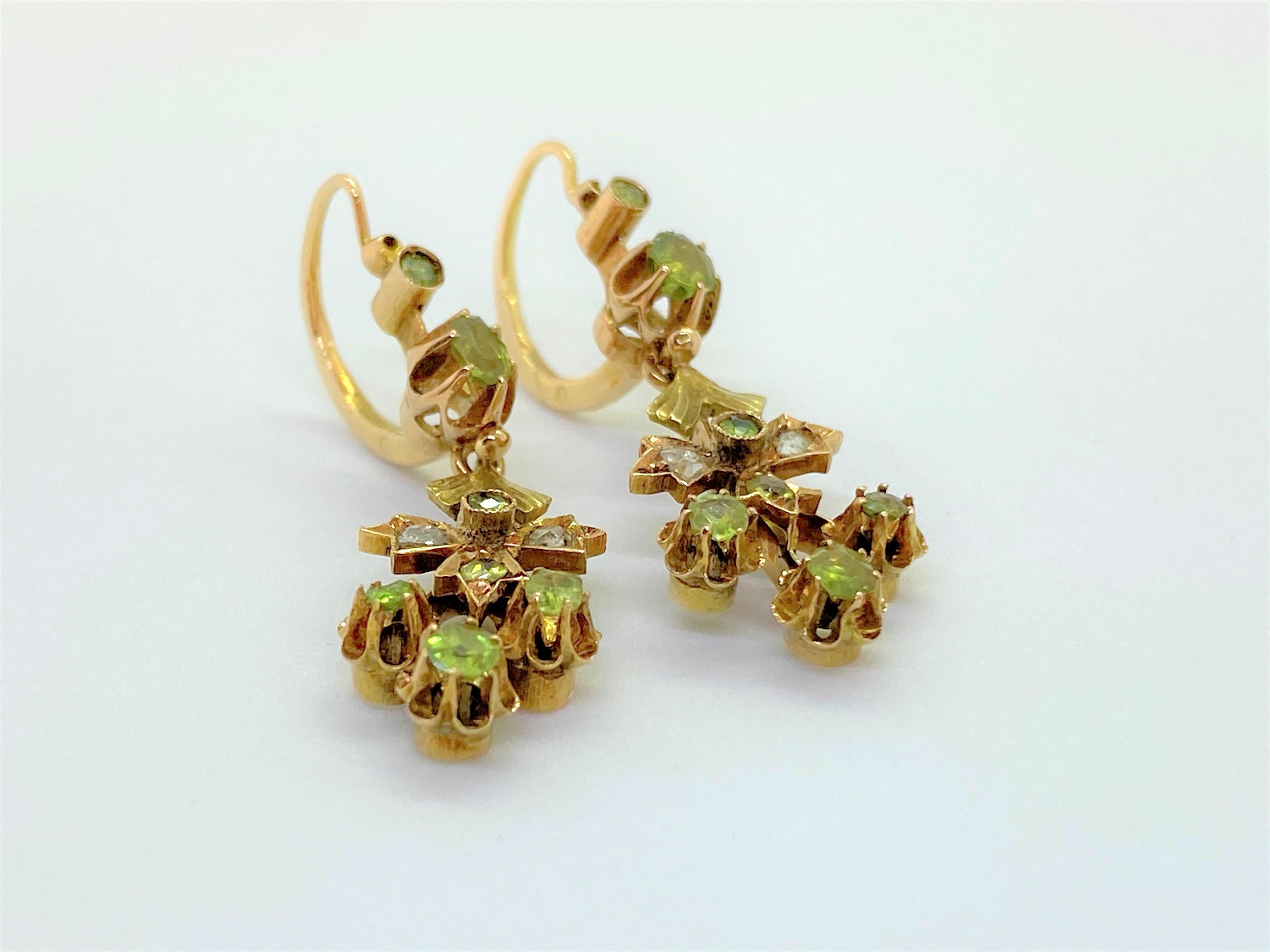 14 Karat Yellow Gold Demantoid Garnet Rosecut Diamond Earrings 1