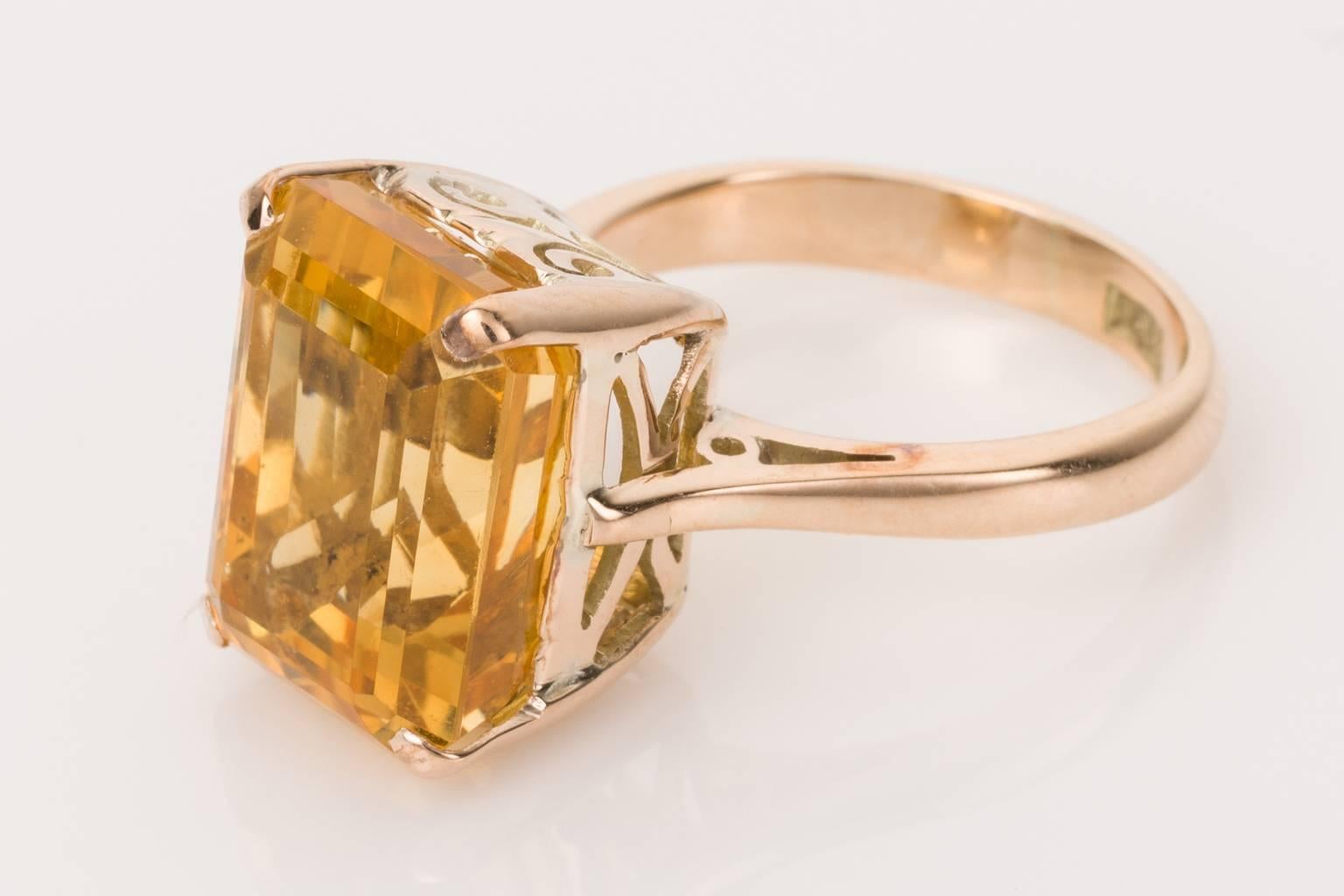 Victorian 14 Carat Yellow Gold Emerald Cut Citrine Cocktail Ring