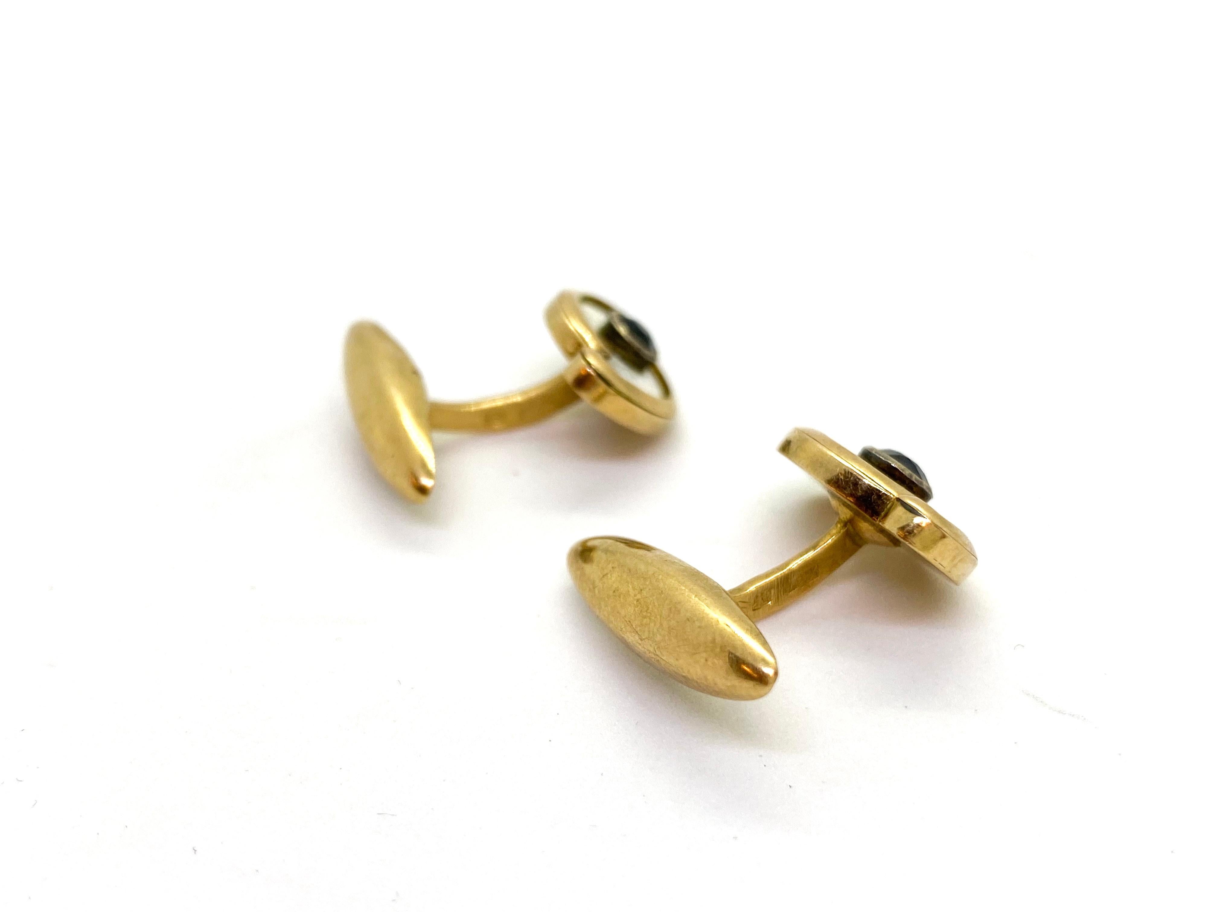 Rose Cut 14 Carat Yellow Gold Enamel Sapphire Russia St Petersburg 1908-1917 Cufflinks For Sale