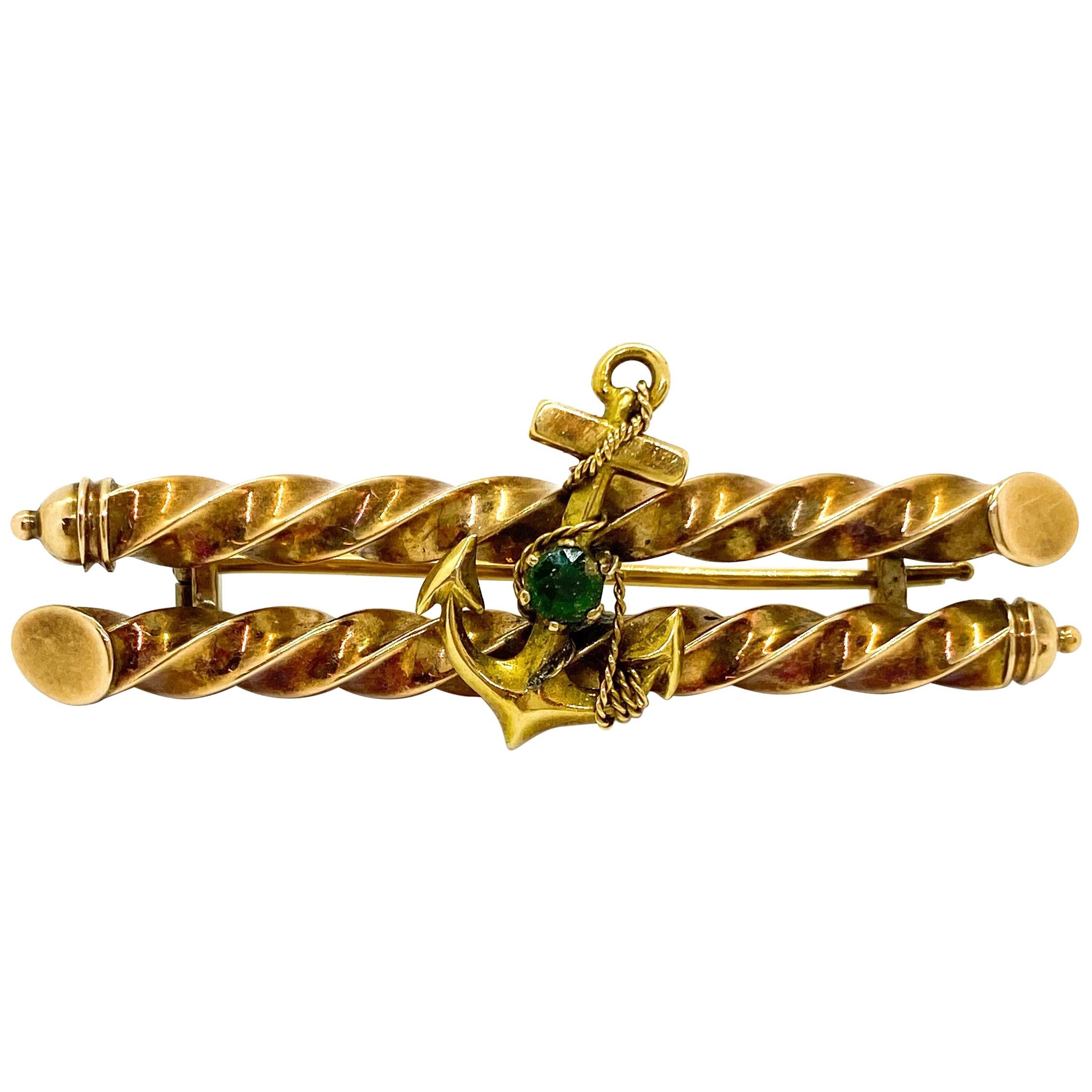 14 Carat Yellow Gold Green Emerald Russia Anchor Barrette Brooch For Sale
