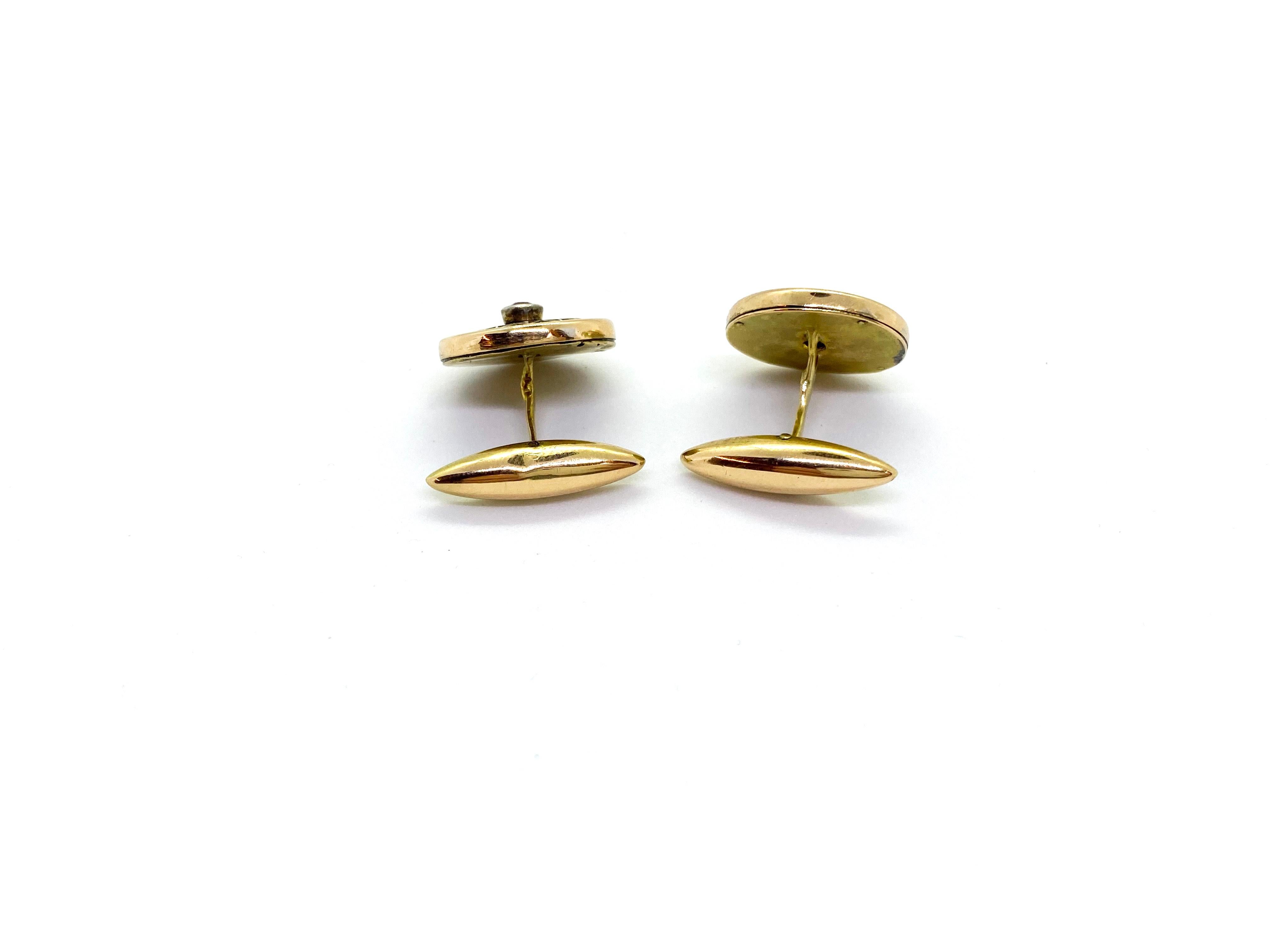 Russian Empire 14 Carat Yellow Gold Guilloche Enamel NV Russia Red Stone Cufflinks For Sale
