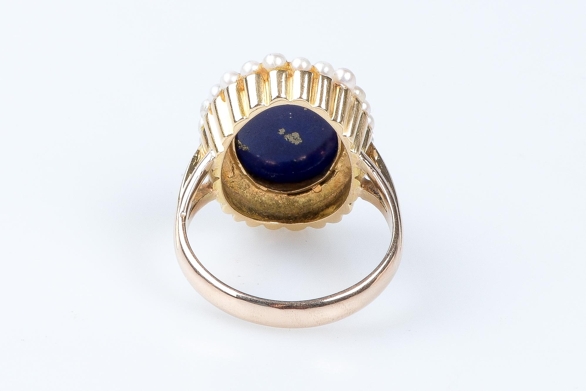 14 carat yellow gold lapis lazuli and pearls ring For Sale 5
