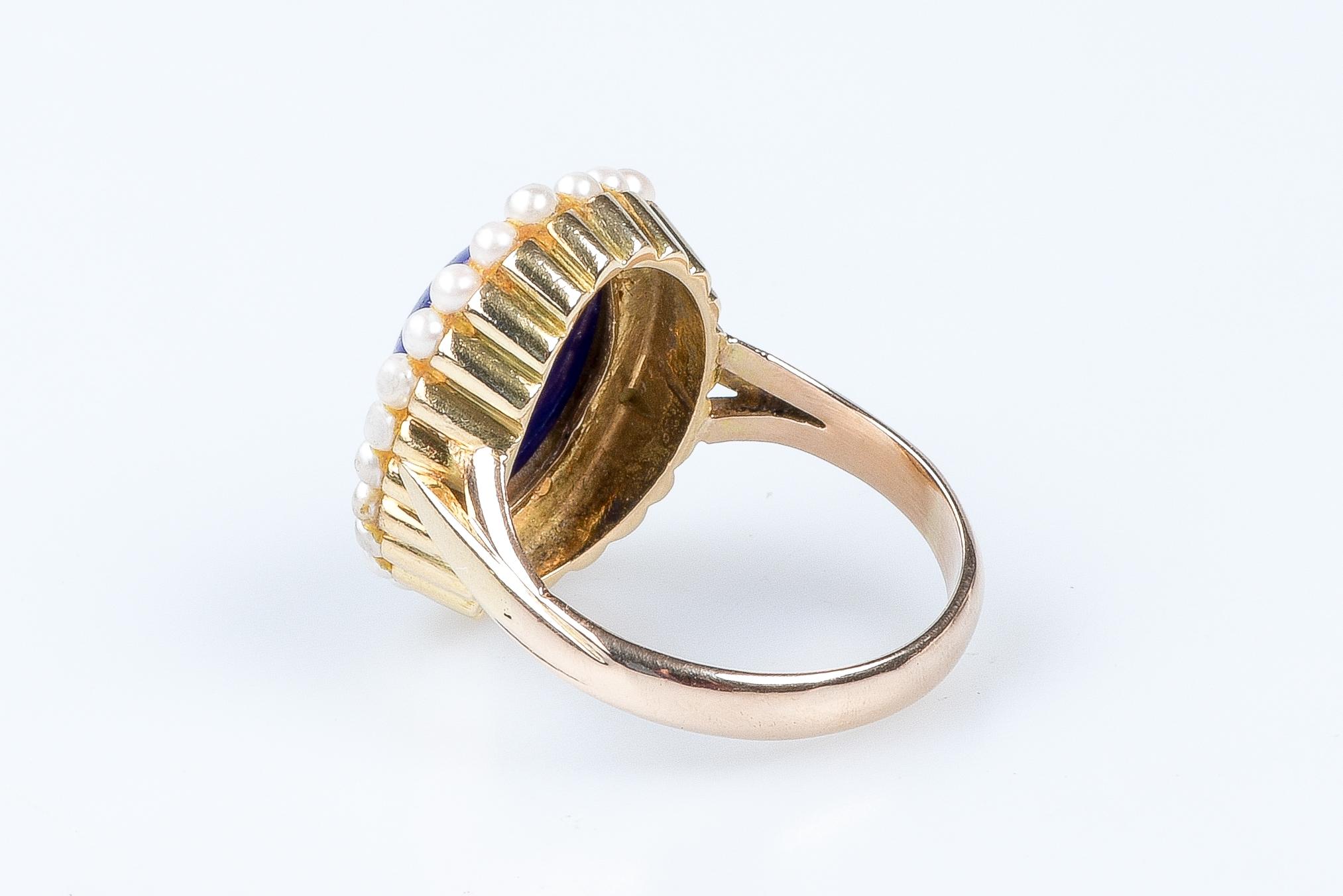 14 carat yellow gold lapis lazuli and pearls ring For Sale 6