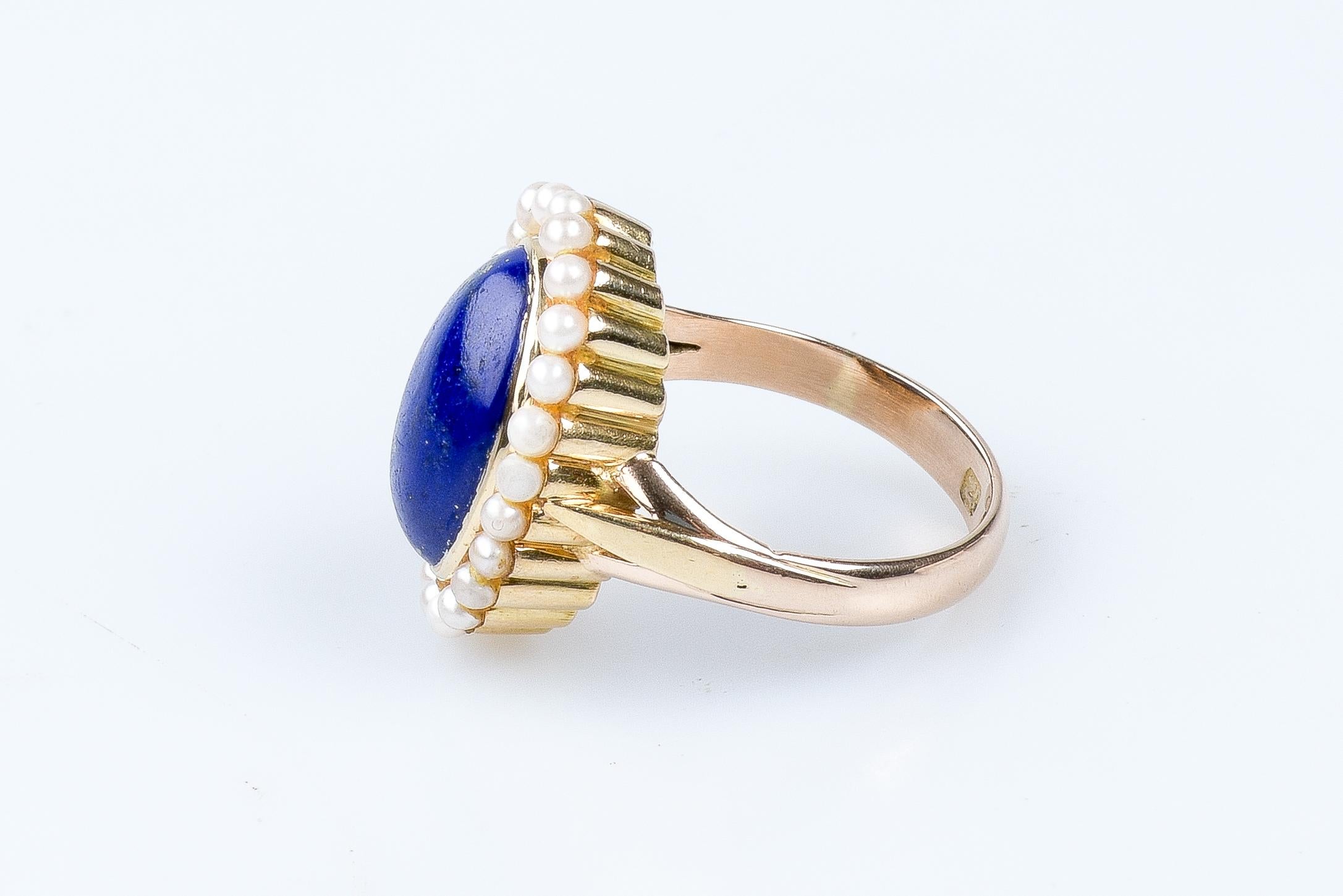 14 carat yellow gold lapis lazuli and pearls ring For Sale 7