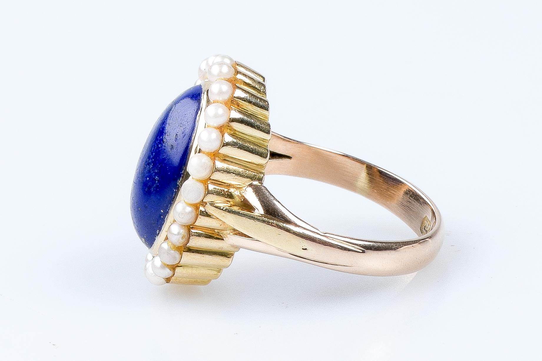 14 carat yellow gold lapis lazuli and pearls ring For Sale 8