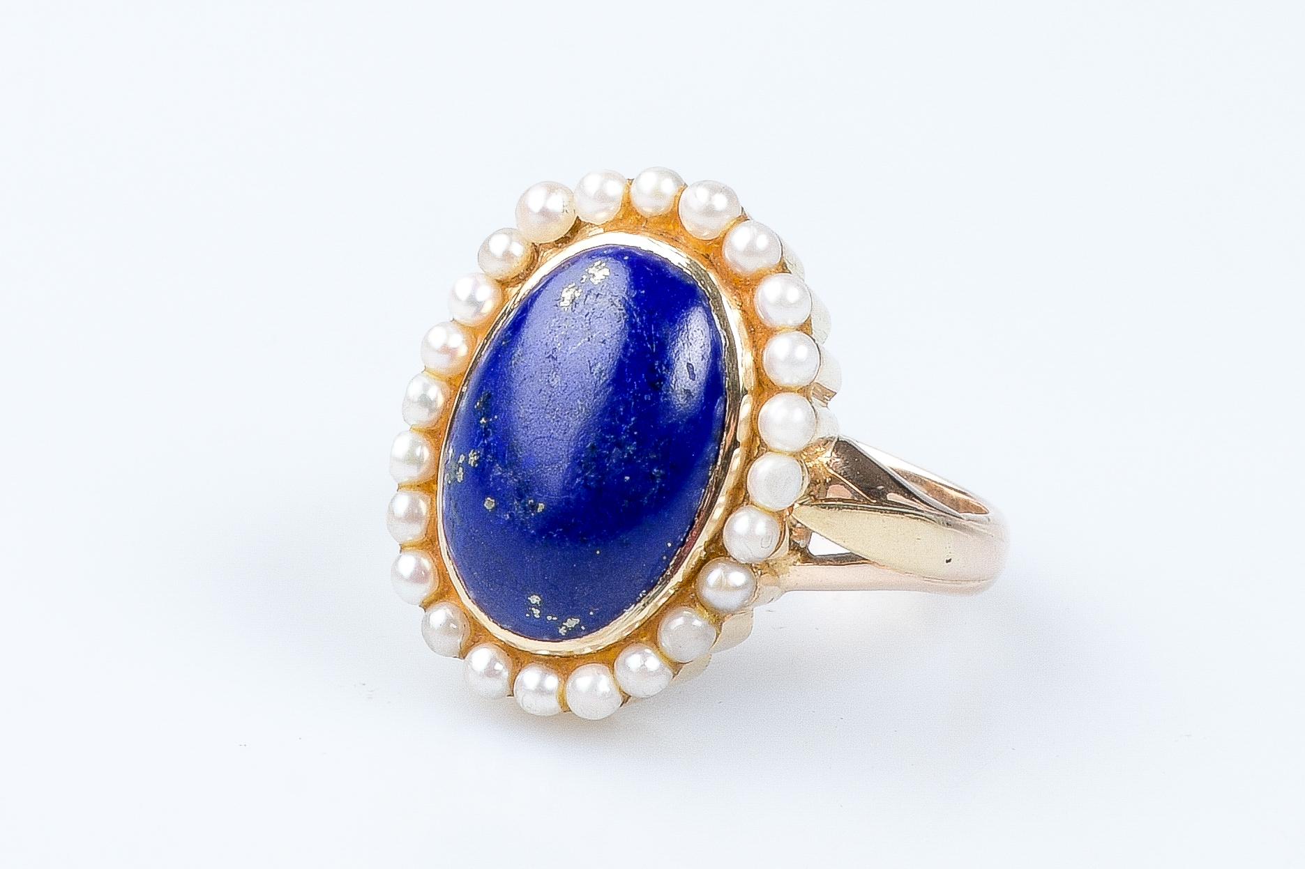 14 carat yellow gold lapis lazuli and pearls ring For Sale 9