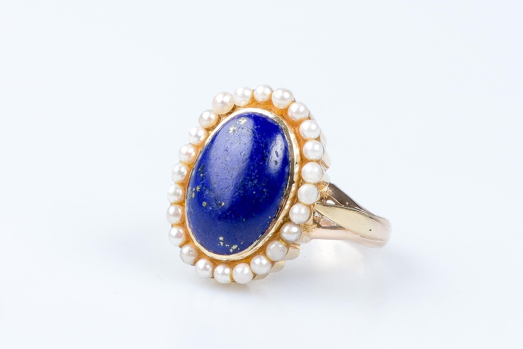 14 carat yellow gold lapis lazuli and pearls ring For Sale 10