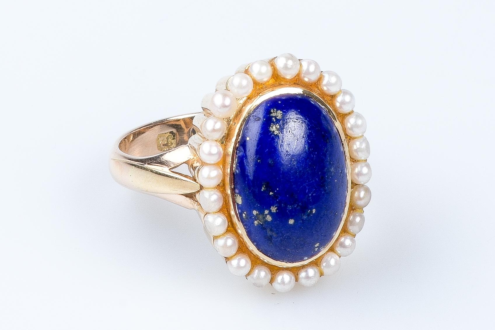 14 carat yellow gold lapis lazuli and pearls ring In Excellent Condition For Sale In Monte-Carlo, MC