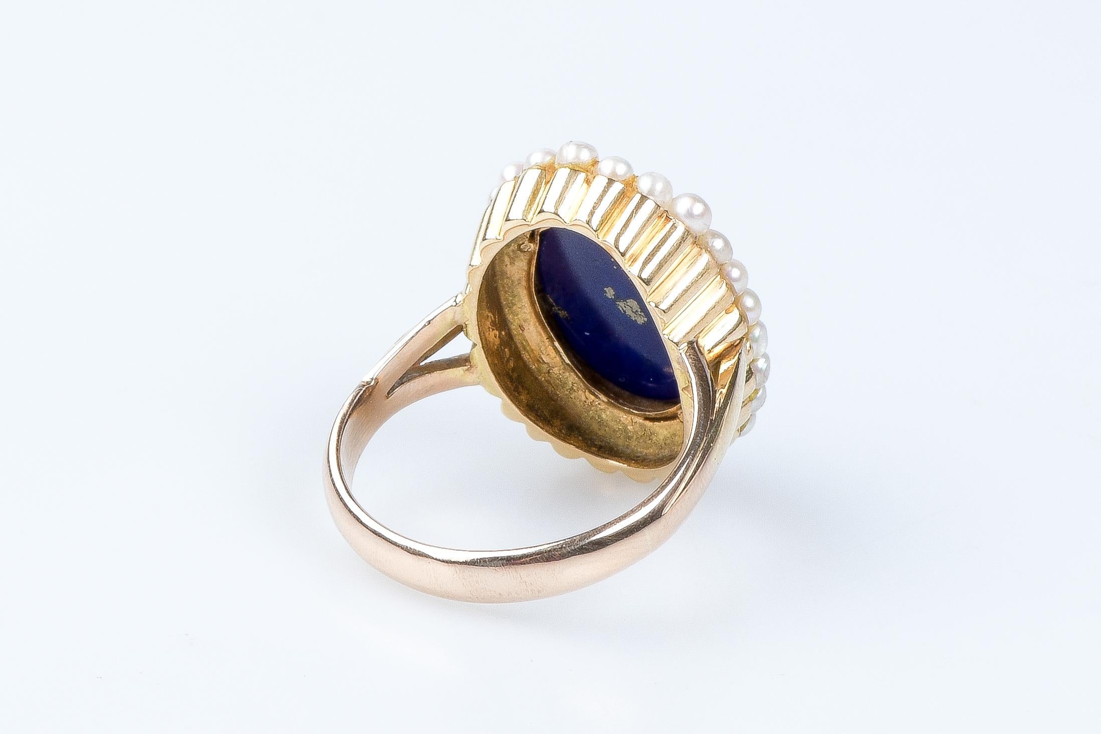 14 carat yellow gold lapis lazuli and pearls ring For Sale 4