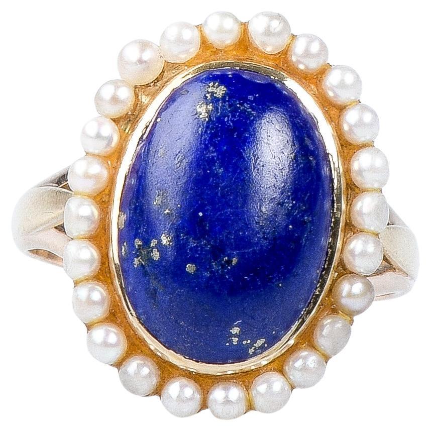 14 carat yellow gold lapis lazuli and pearls ring For Sale