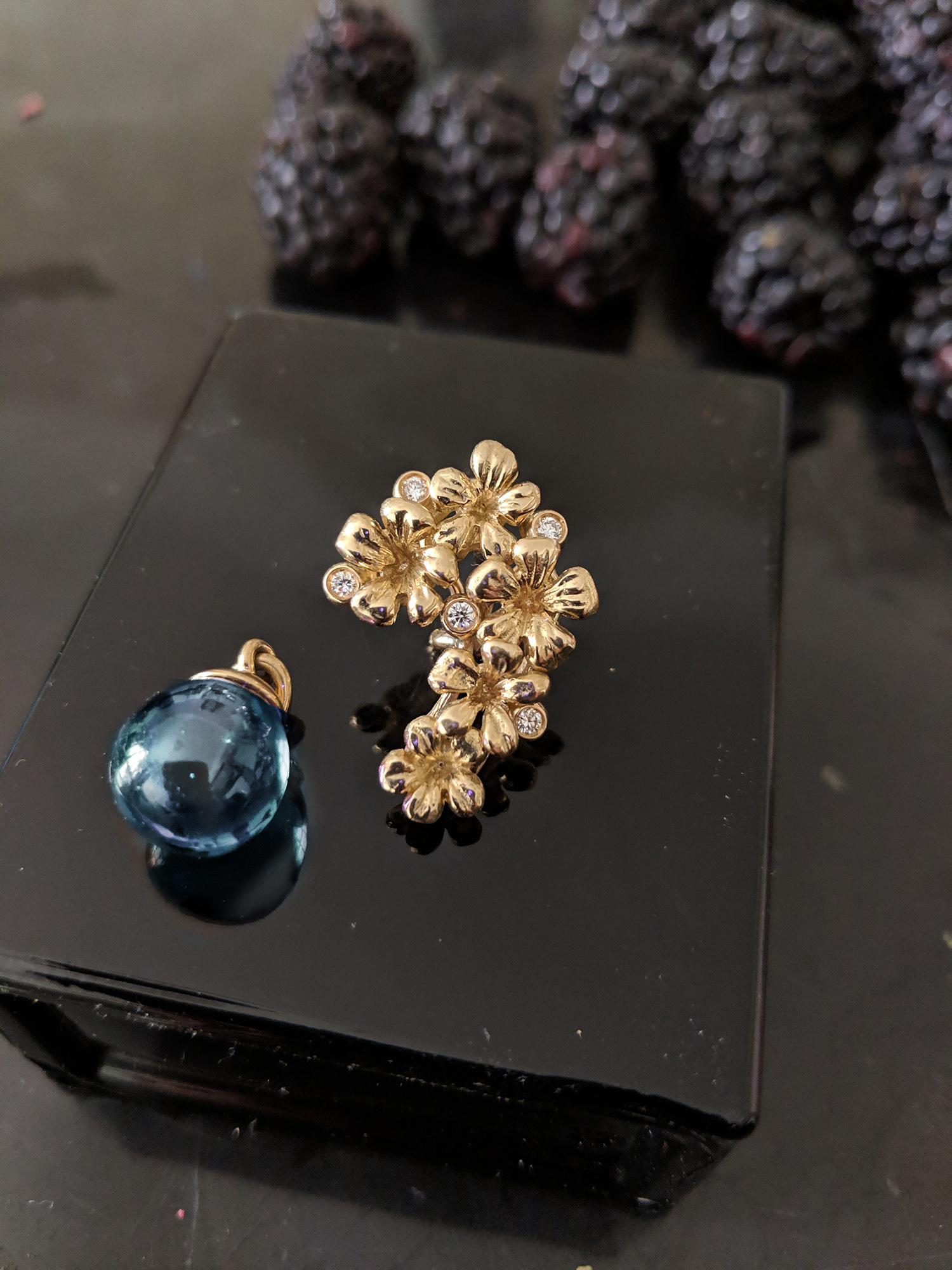 Contemporary Yellow Gold Plum Blossom Transformer Drop Brooch with Diamonds and Topaz For Sale