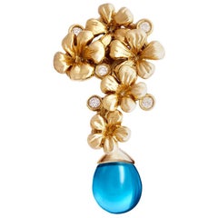 Yellow Gold Plum Blossom Transformer Drop Brooch with Diamonds and Topaz