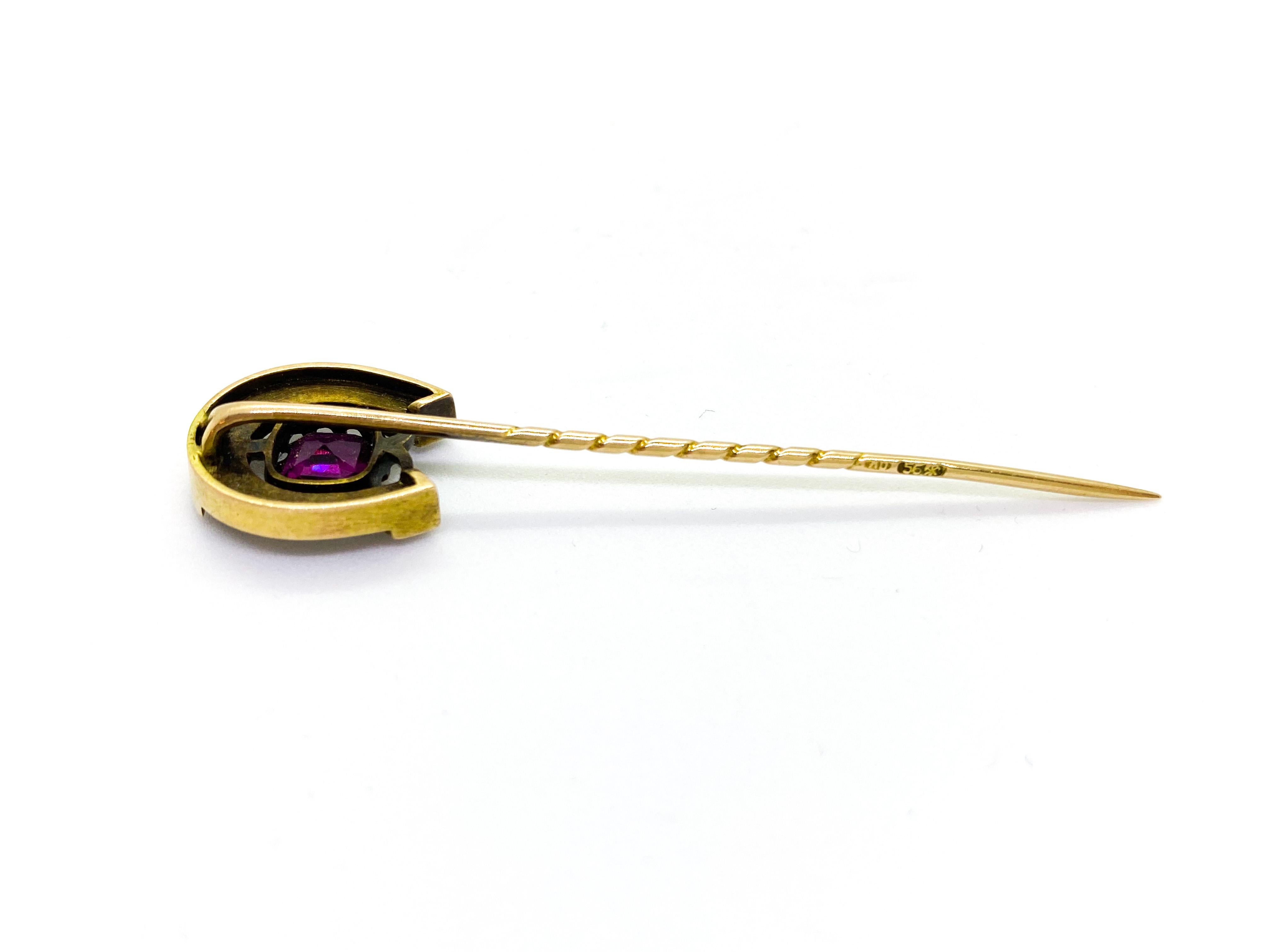 Russian Empire 14 Carat Yellow Gold Pearls Red Garnet Horse Shoe Stickpin Russia For Sale