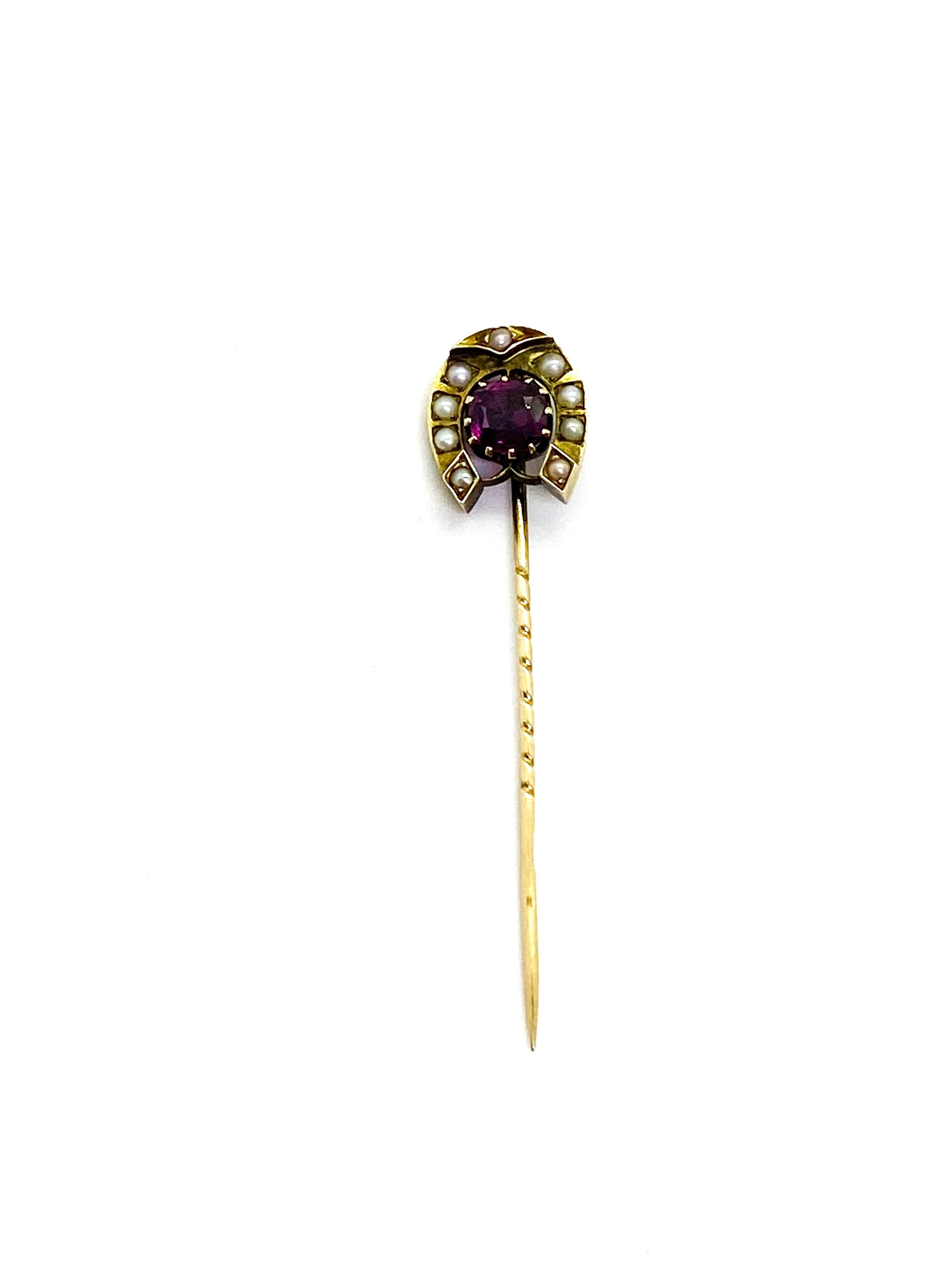 Women's or Men's 14 Carat Yellow Gold Pearls Red Garnet Horse Shoe Stickpin Russia For Sale