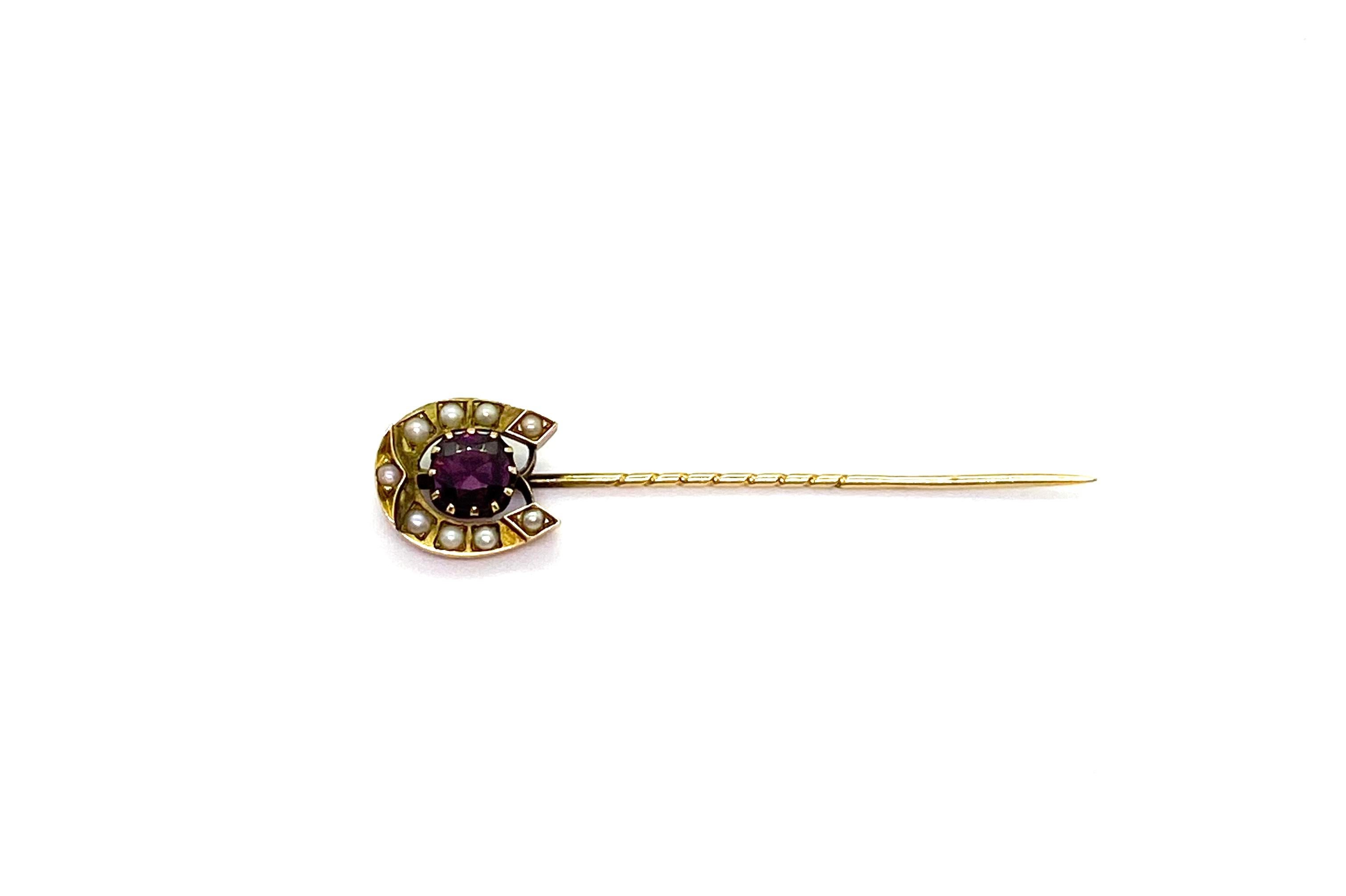 14 Carat Yellow Gold Pearls Red Garnet Horse Shoe Stickpin Russia For Sale 1